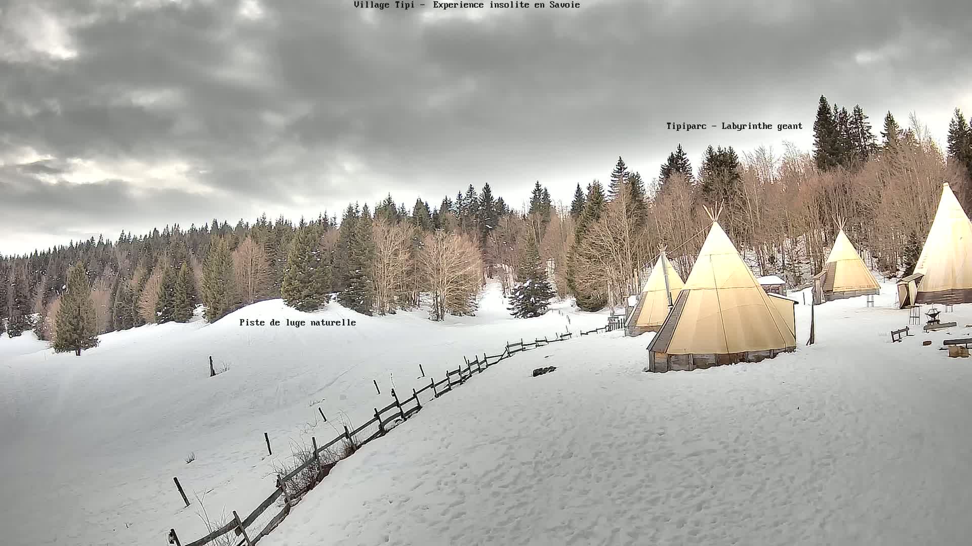 Several teepees are situated on a snow-covered hillside in front of a forest under a cloudy sky.