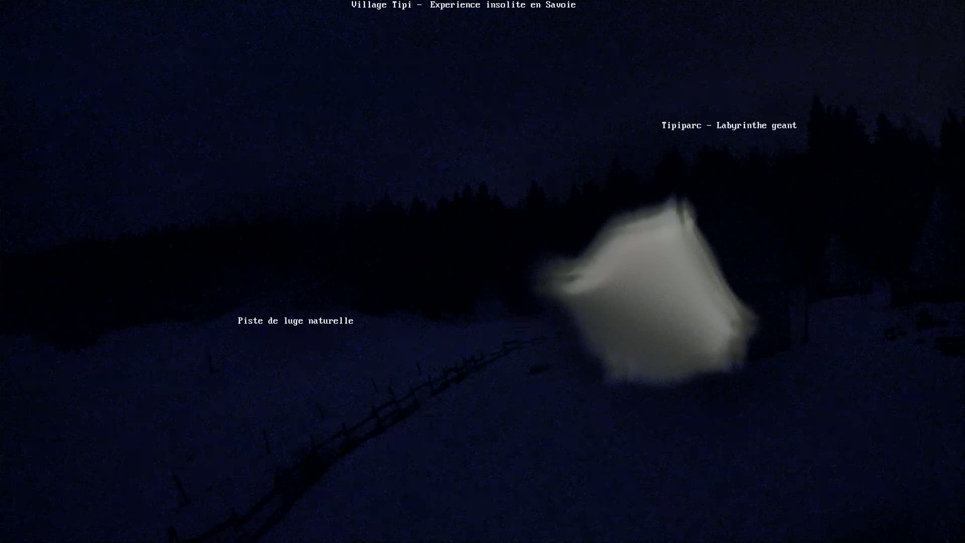 A blurry, light-colored structure is visible at night in a snowy, wooded area.