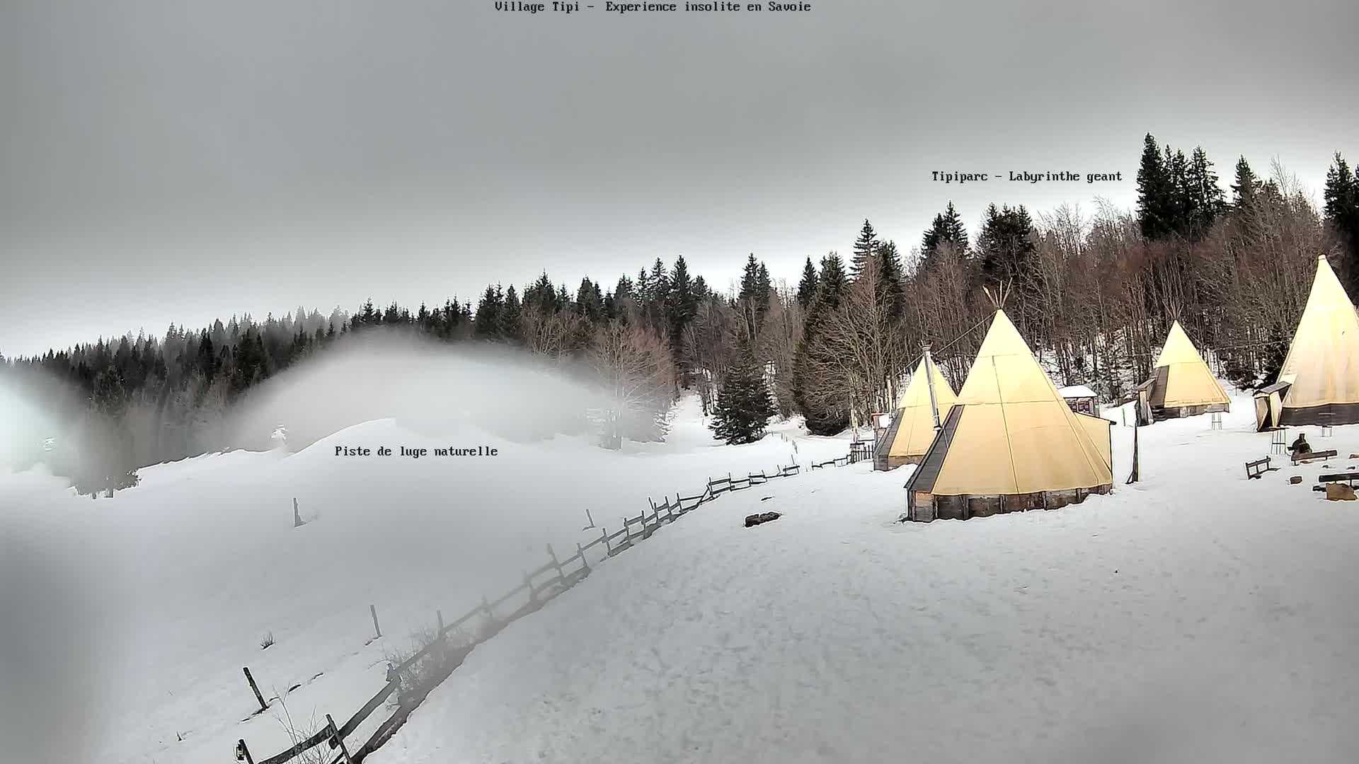 Several teepees are situated on a snow-covered landscape next to a snow-covered forest under an overcast sky.