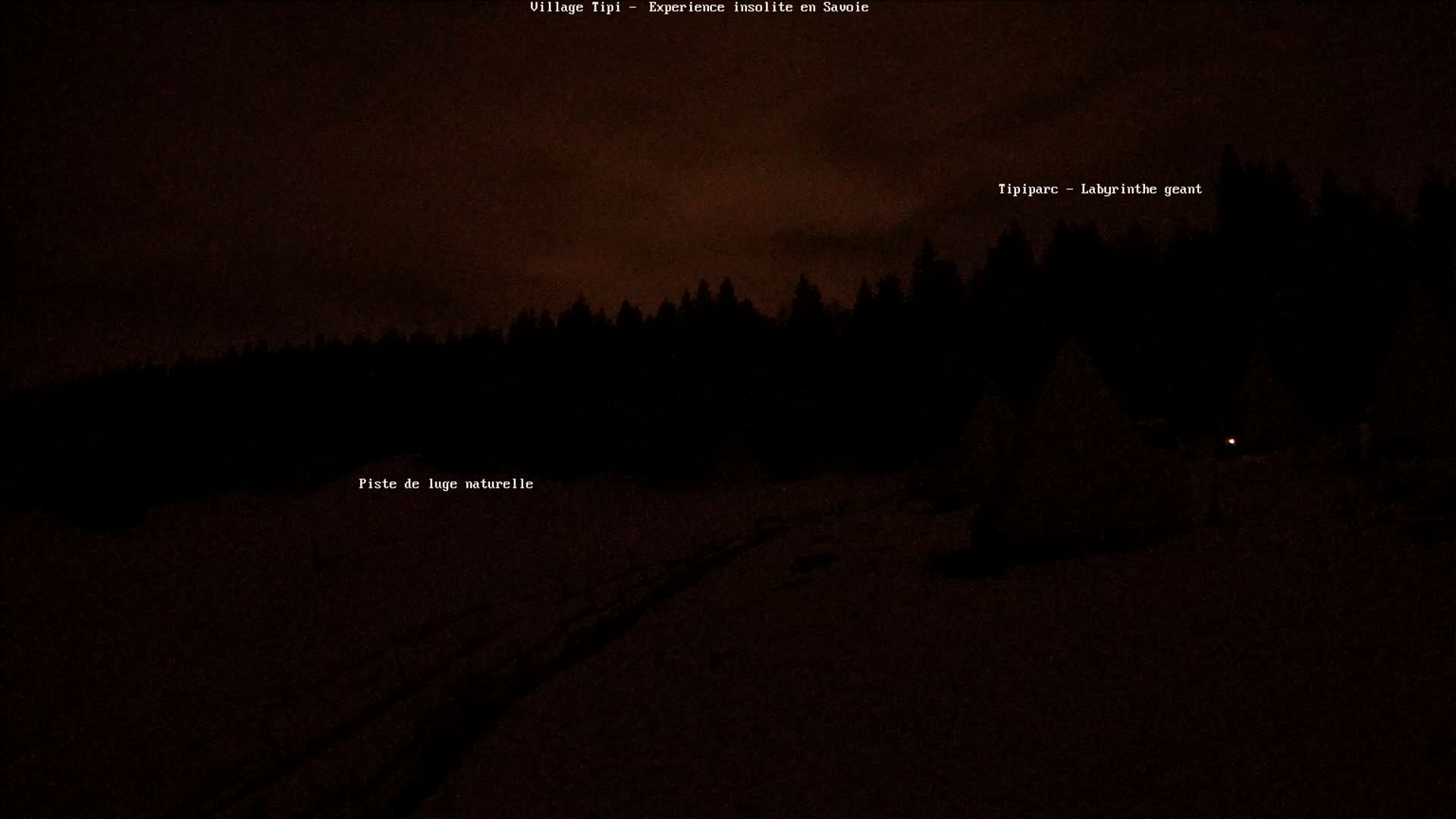 A dimly lit snowy landscape at night is shown, featuring a dark forest in the background and a single small light source visible in the foreground.