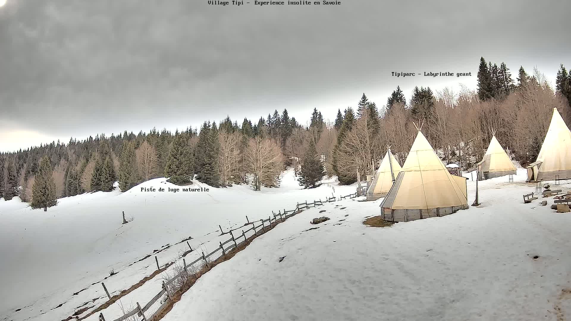 Several teepees are situated on a snow-covered landscape, backed by a forest under a cloudy sky.