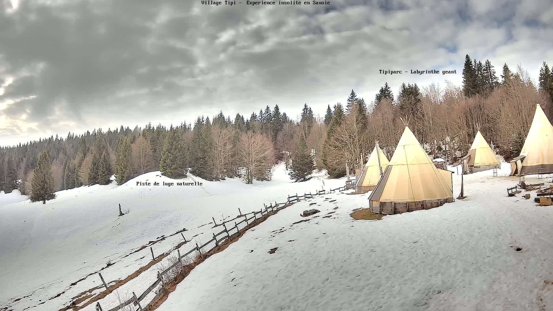 Several teepees sit on a snow-covered hillside in front of a coniferous forest under a cloudy sky.