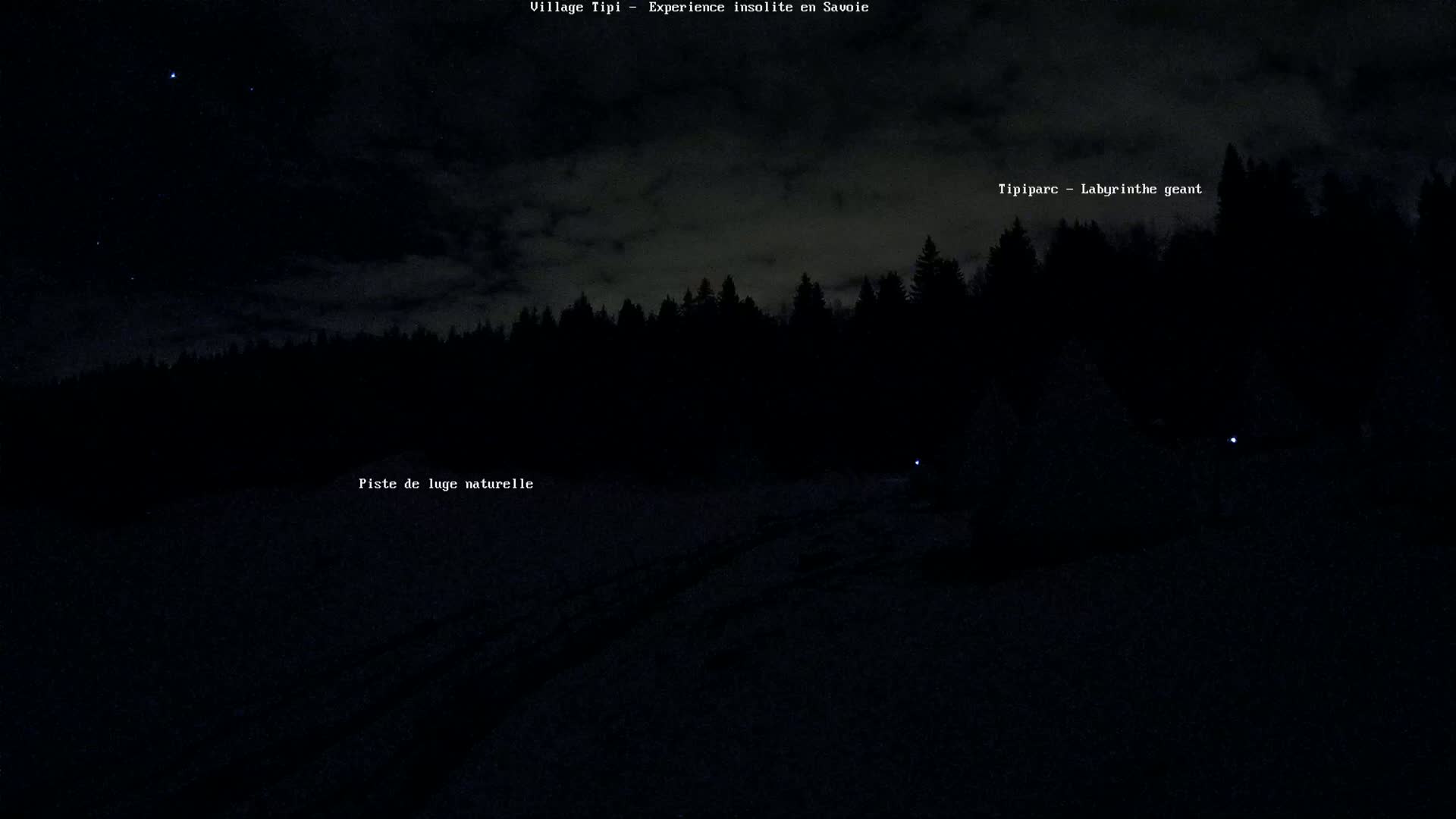 A dark, nighttime scene shows a snow-covered ground in front of a silhouetted forest under a cloudy sky with a few visible stars.