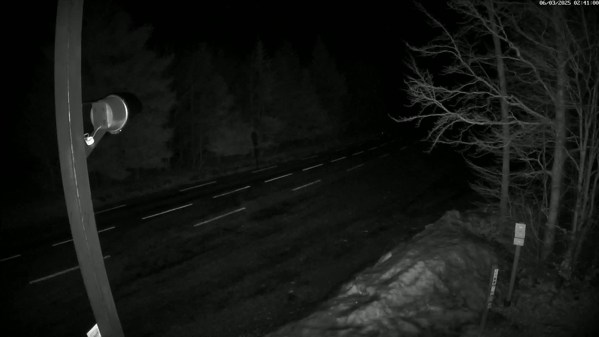 A nighttime view of a dark road with white lane markings, bordered by trees and a snowdrift, is visible from a low-angle perspective near a pole.