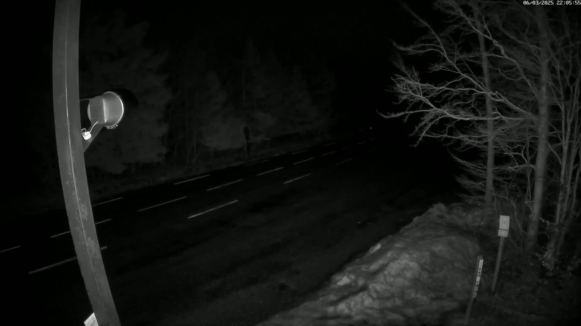 A nighttime view of a dark road with white lane markings, bordered by trees and a snowdrift, is seen from a low angle near a pole with a camera attached.
