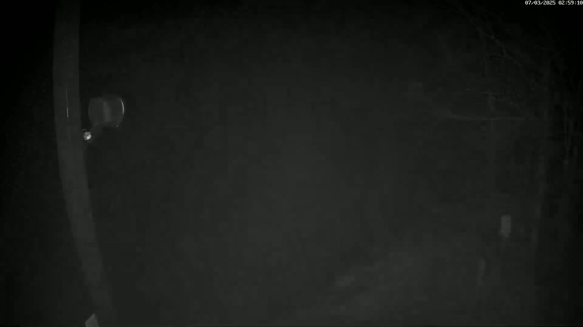 A dark, nighttime outdoor scene shows a blurry, indistinct area with a small, round light fixture attached to a pole.