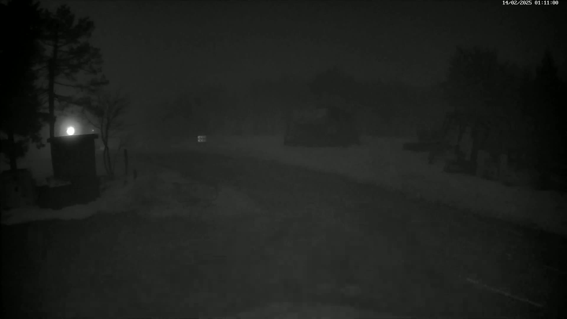 A dimly lit snow-covered road at night is seen through a hazy atmosphere, with dark trees and structures visible on either side.
