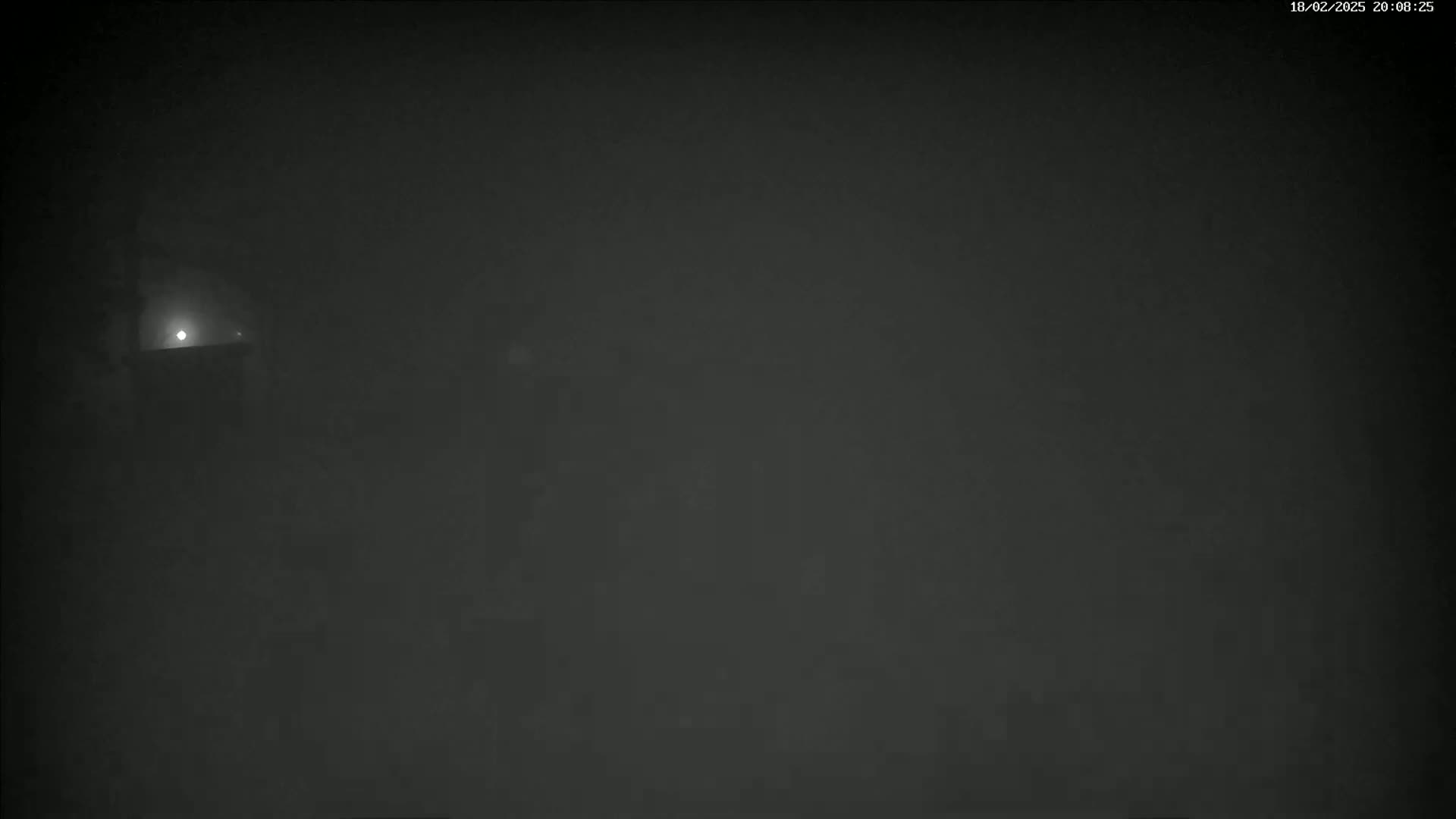 A dimly lit, foggy night scene shows a single light source in the distance.