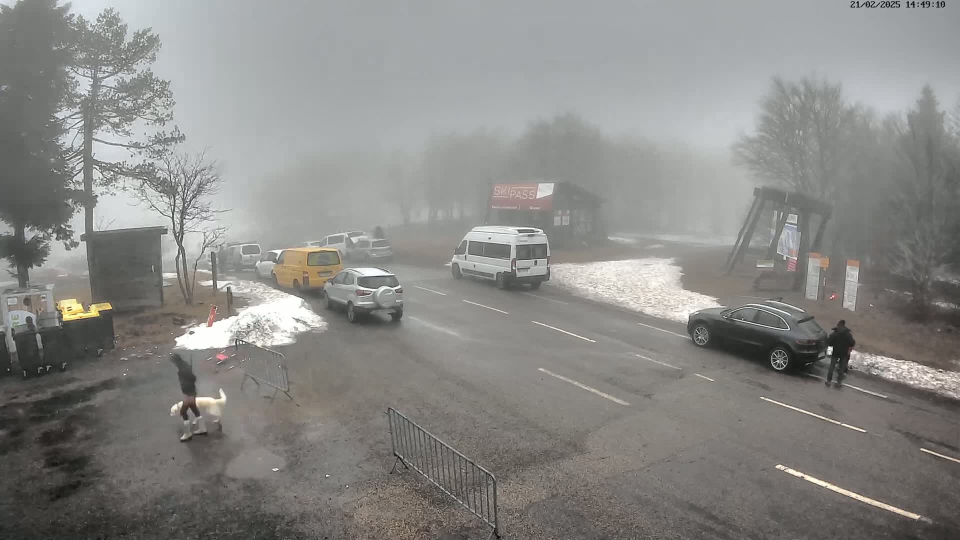 A foggy, snowy mountain road scene shows several vehicles, a person walking a dog, and a small group of people near a building.