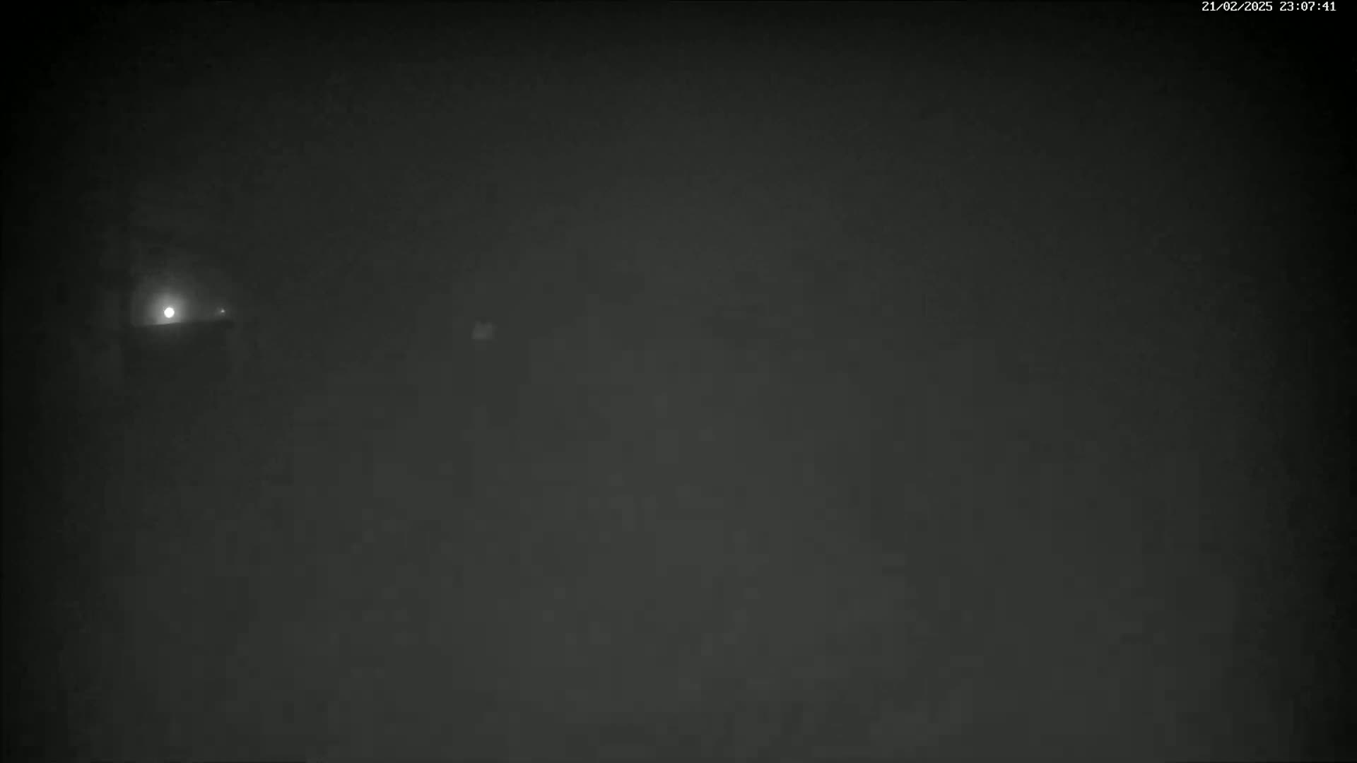 A dimly lit, foggy scene at night shows a faint light source in the distance.