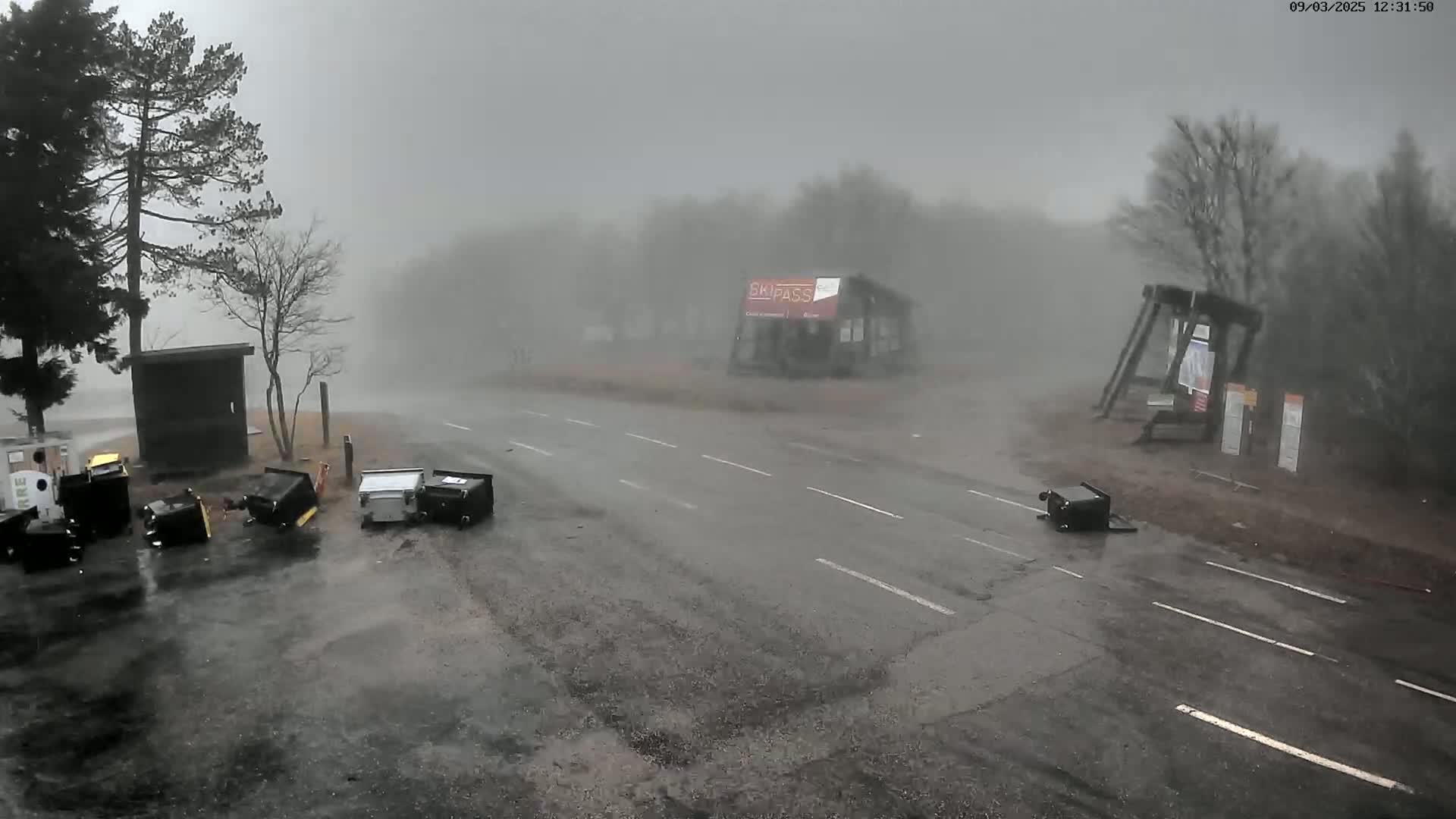 Several overturned dumpsters are scattered across a rain-soaked road and parking area in a foggy, outdoors setting.