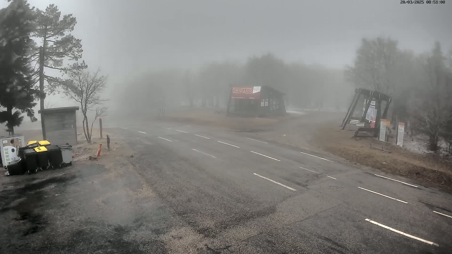 A foggy road intersection with a small building and some trash receptacles is visible, surrounded by trees in a misty atmosphere.