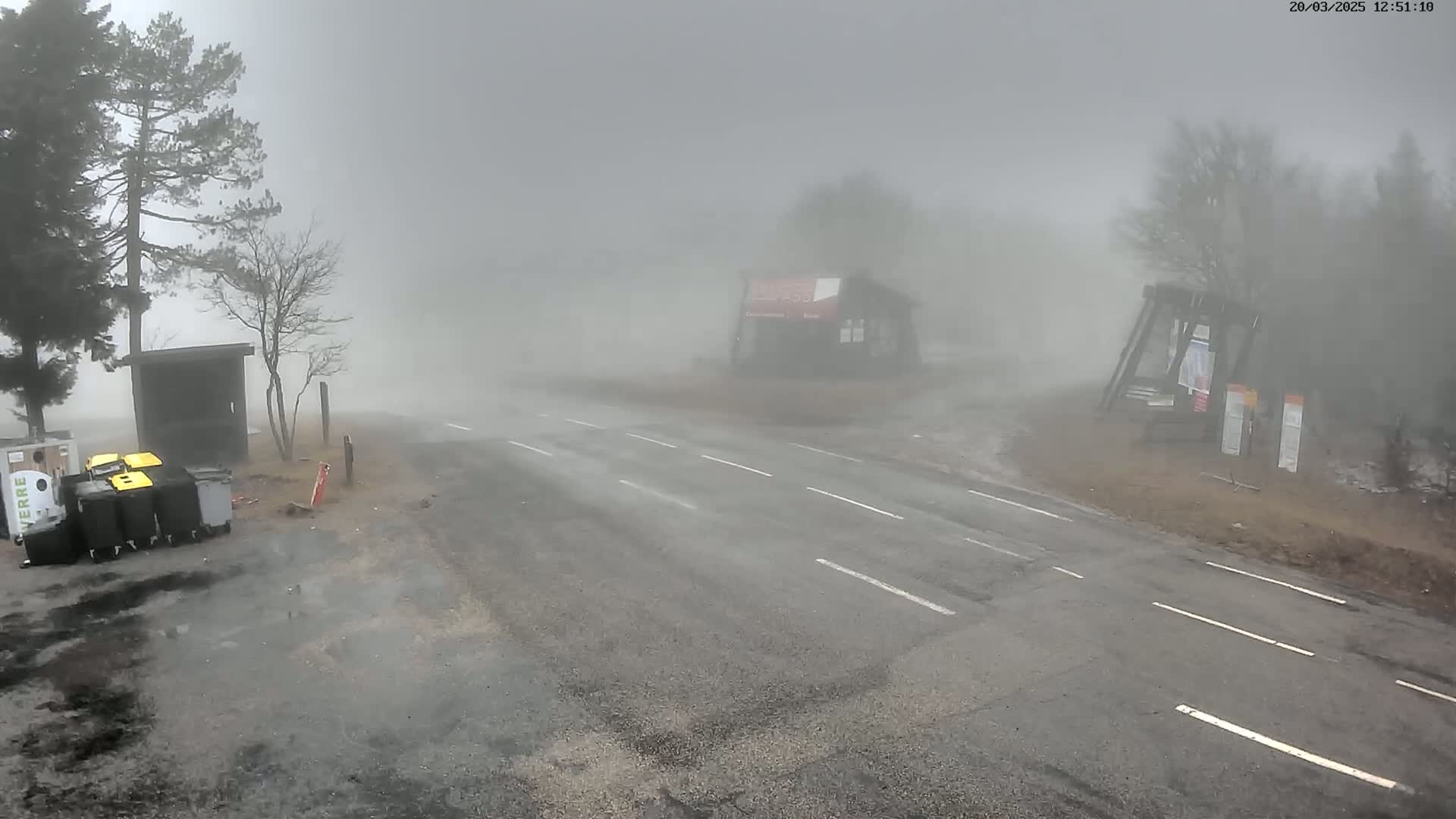 A road with several trash cans and small buildings is shrouded in thick fog.