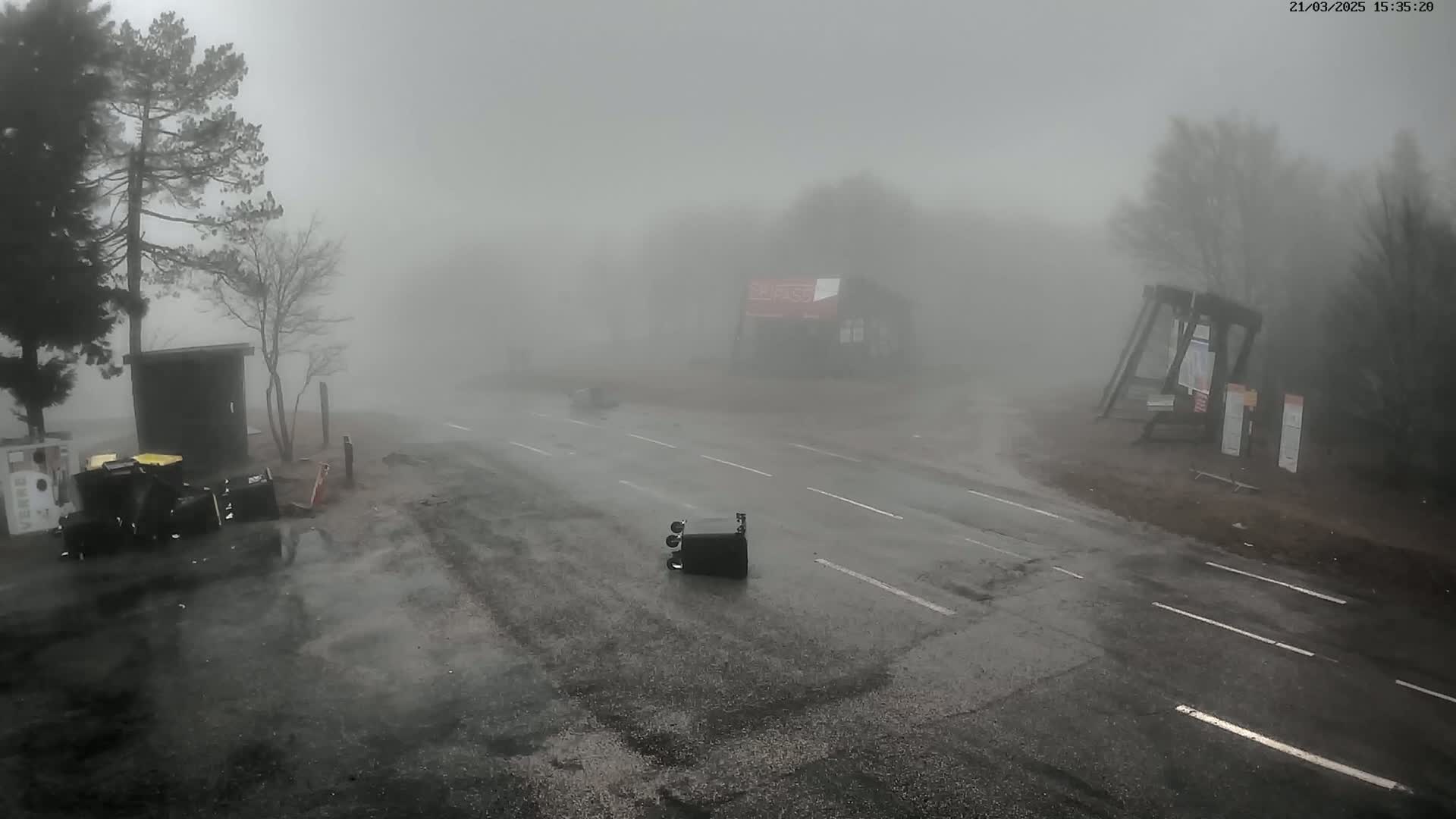 A wet road is shrouded in thick fog, with several vehicles and structures barely visible in the distance.
