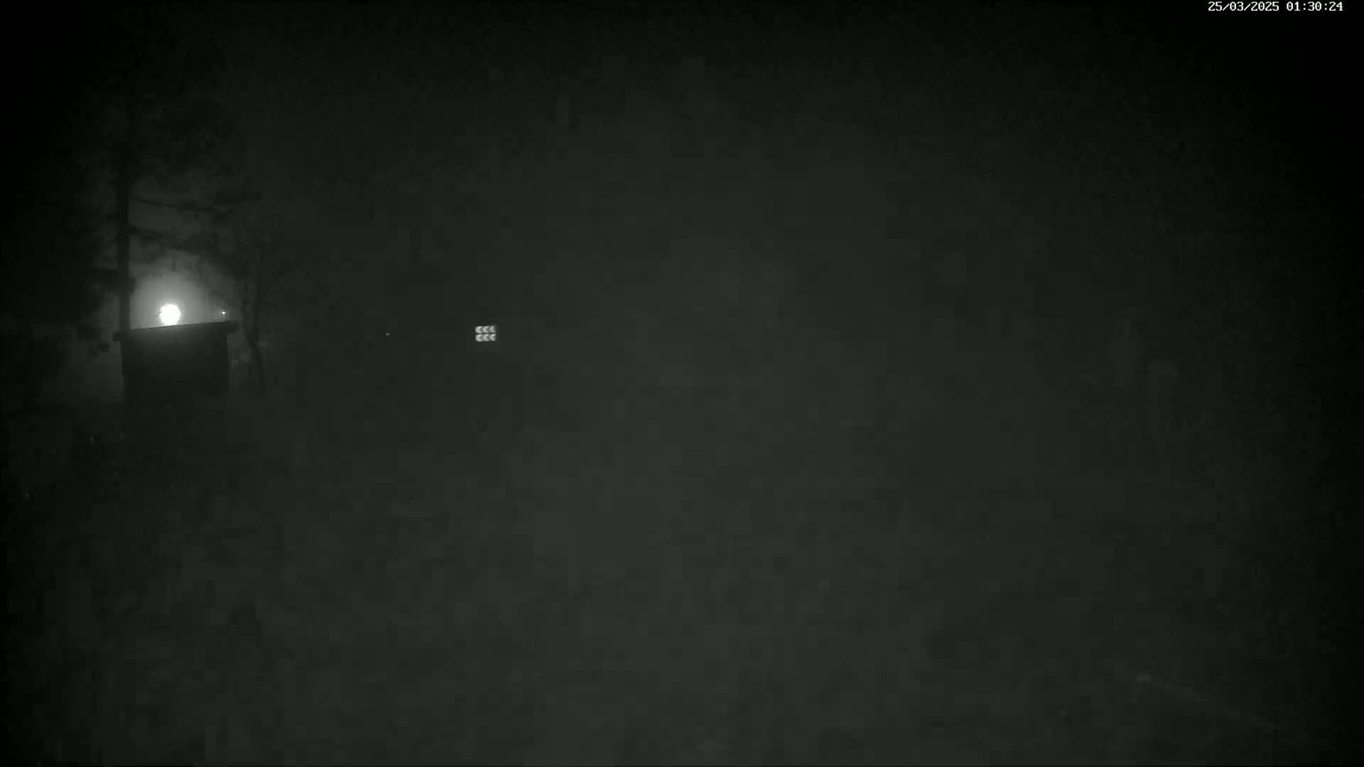 A dimly lit, foggy nighttime scene shows a small structure partially illuminated by a bright light source.