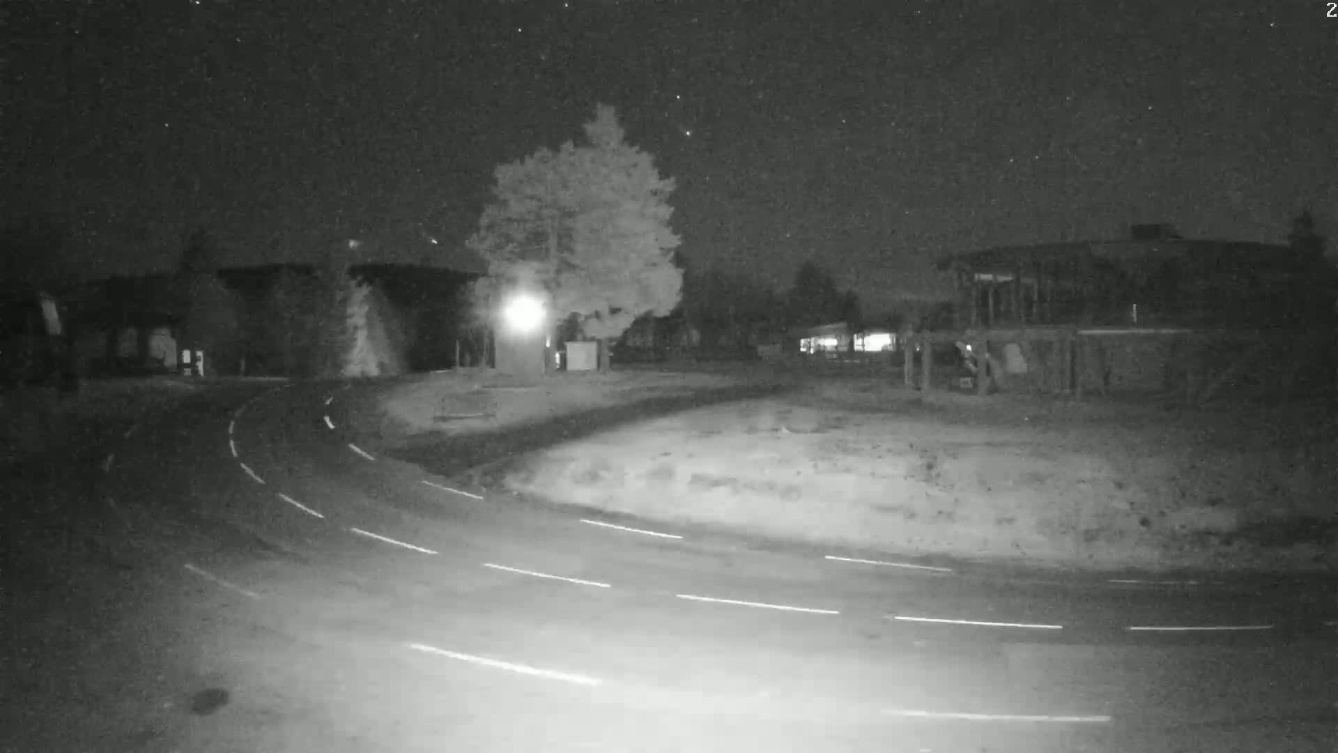 A nighttime, low-light view shows a curving roadway with white lane markers under a clear, starry sky, passing by some trees and buildings.