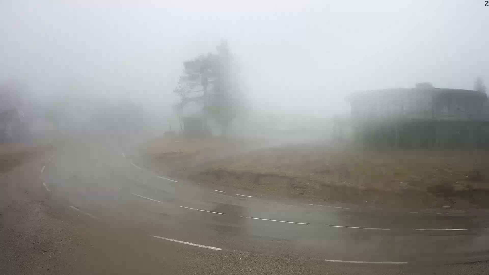 A wet, curving road is shrouded in thick fog, with indistinct buildings and trees barely visible in the distance.