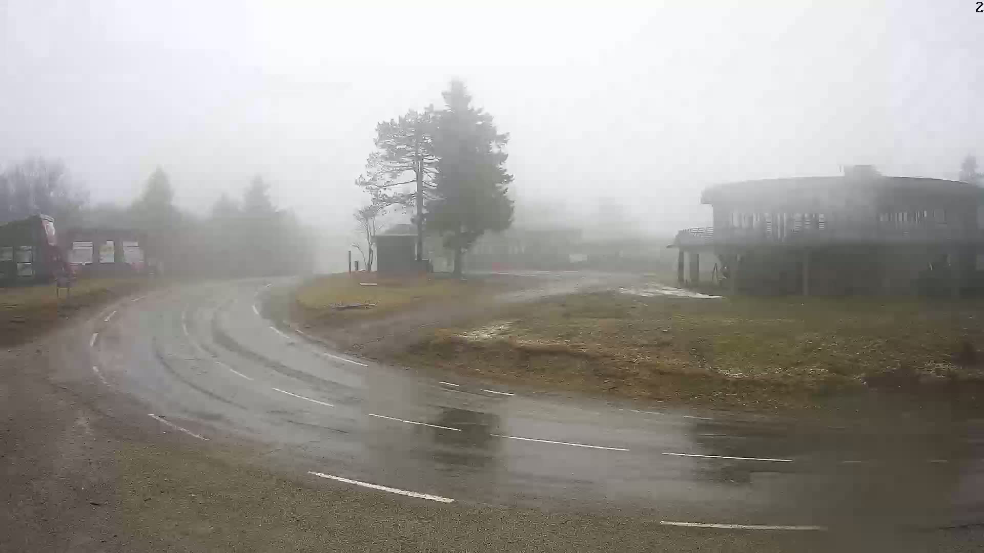 A wet, winding road curves past a large building and trees in a foggy, rainy environment.