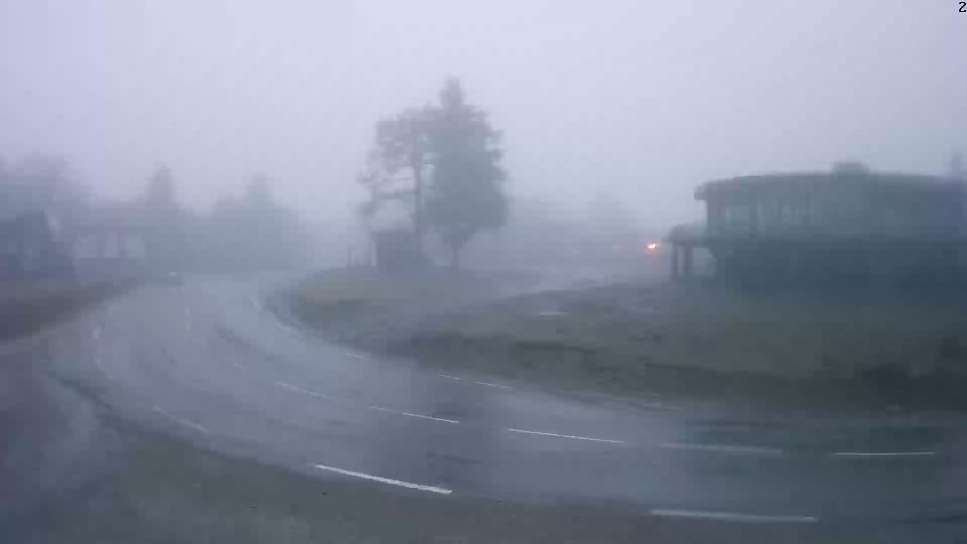 A curving road is visible through heavy rain and fog, with a few buildings and trees barely discernible in the distance.