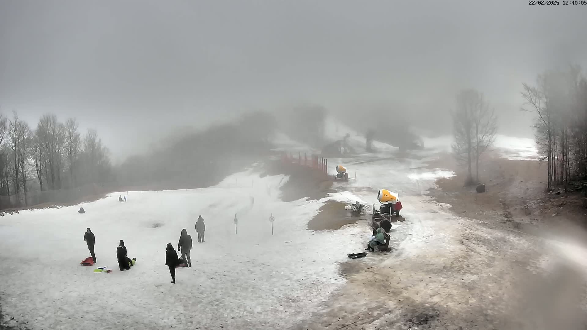 A snowy, foggy hill with several people sledding and snowmaking machines.