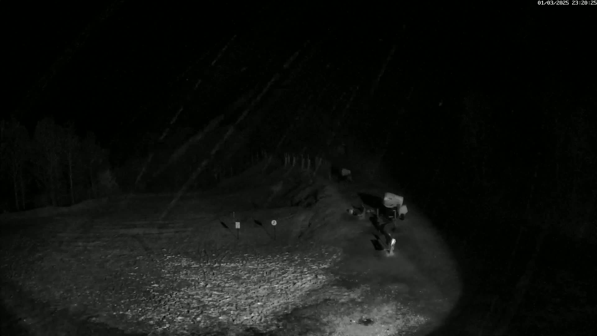 A nighttime, snowy scene shows a dark, sparsely vegetated area with a vehicle parked near a small, indistinct structure.