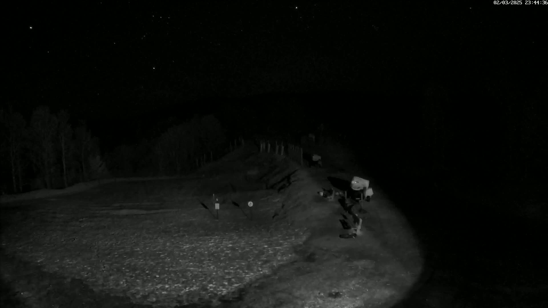 A nighttime, low-light image shows a sparsely populated outdoor area with some trees in the background, and what appears to be a shooting range in the foreground with some equipment and possibly people present under a clear, starry sky.