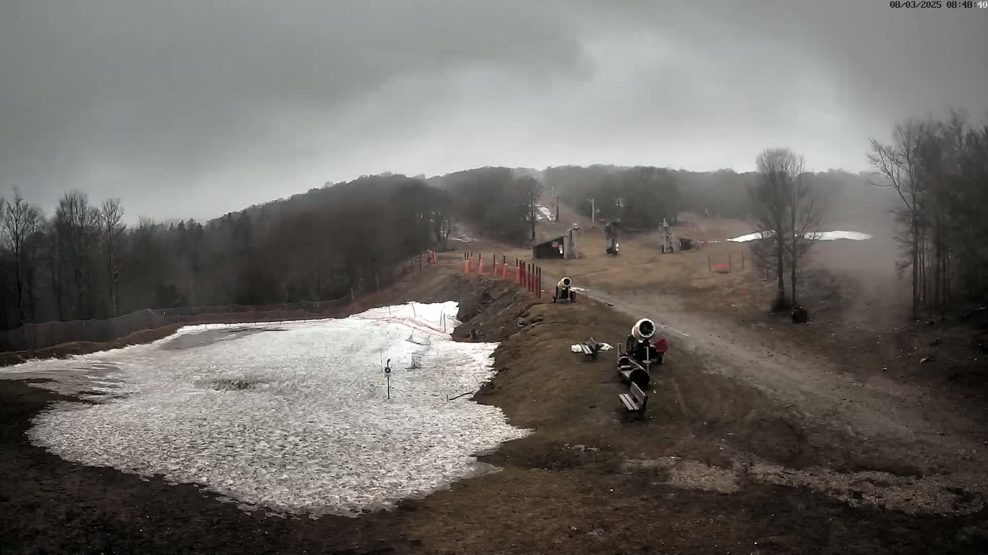 A snow-making machine sits near a small patch of snow at the base of a ski slope on an overcast day.