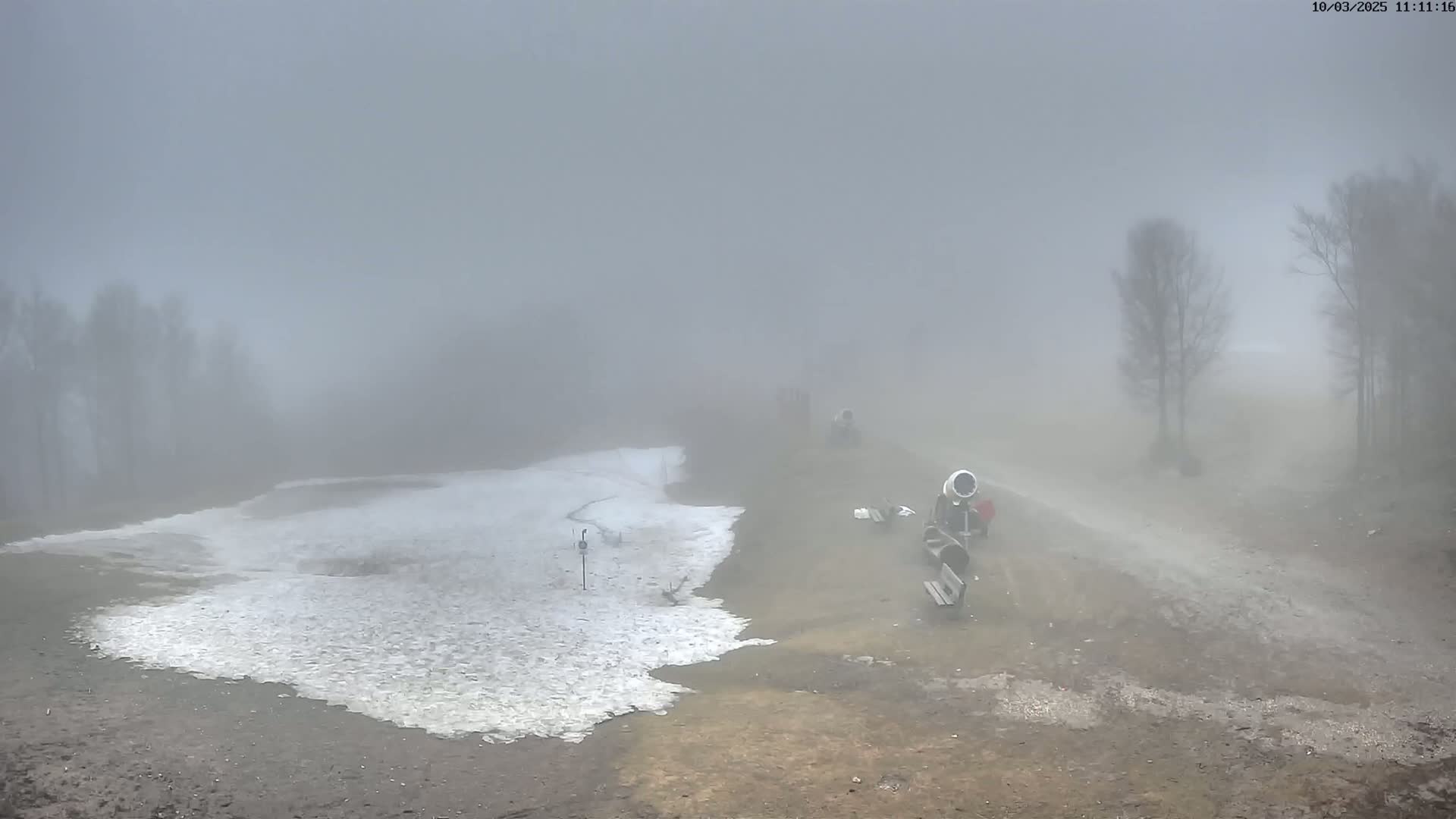 A foggy landscape shows a patch of snow next to a dirt path with snowmaking machines, and a few bare trees in the background.