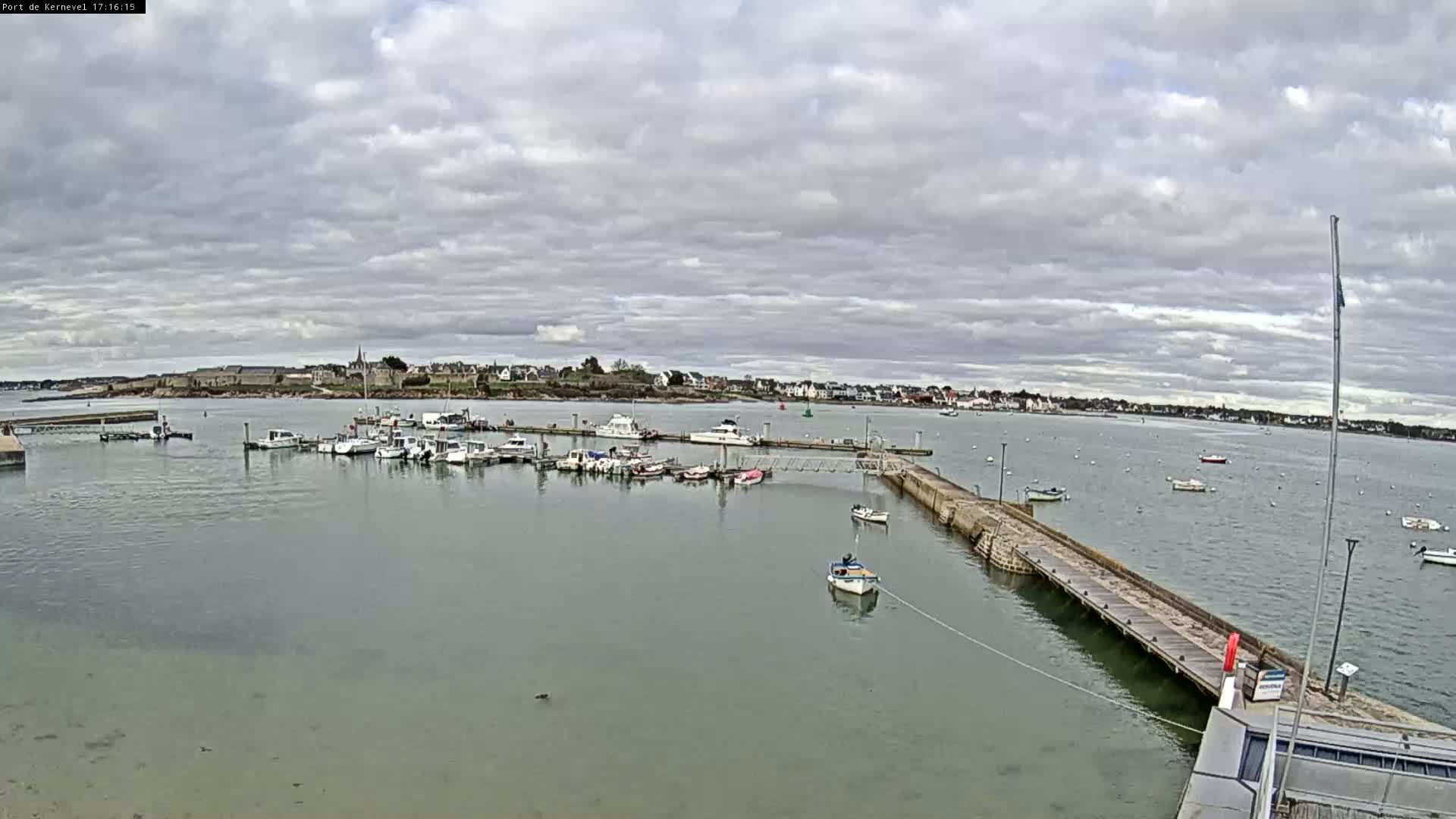 A harbor filled with numerous boats is seen under a cloudy sky, with a town visible in the distance.