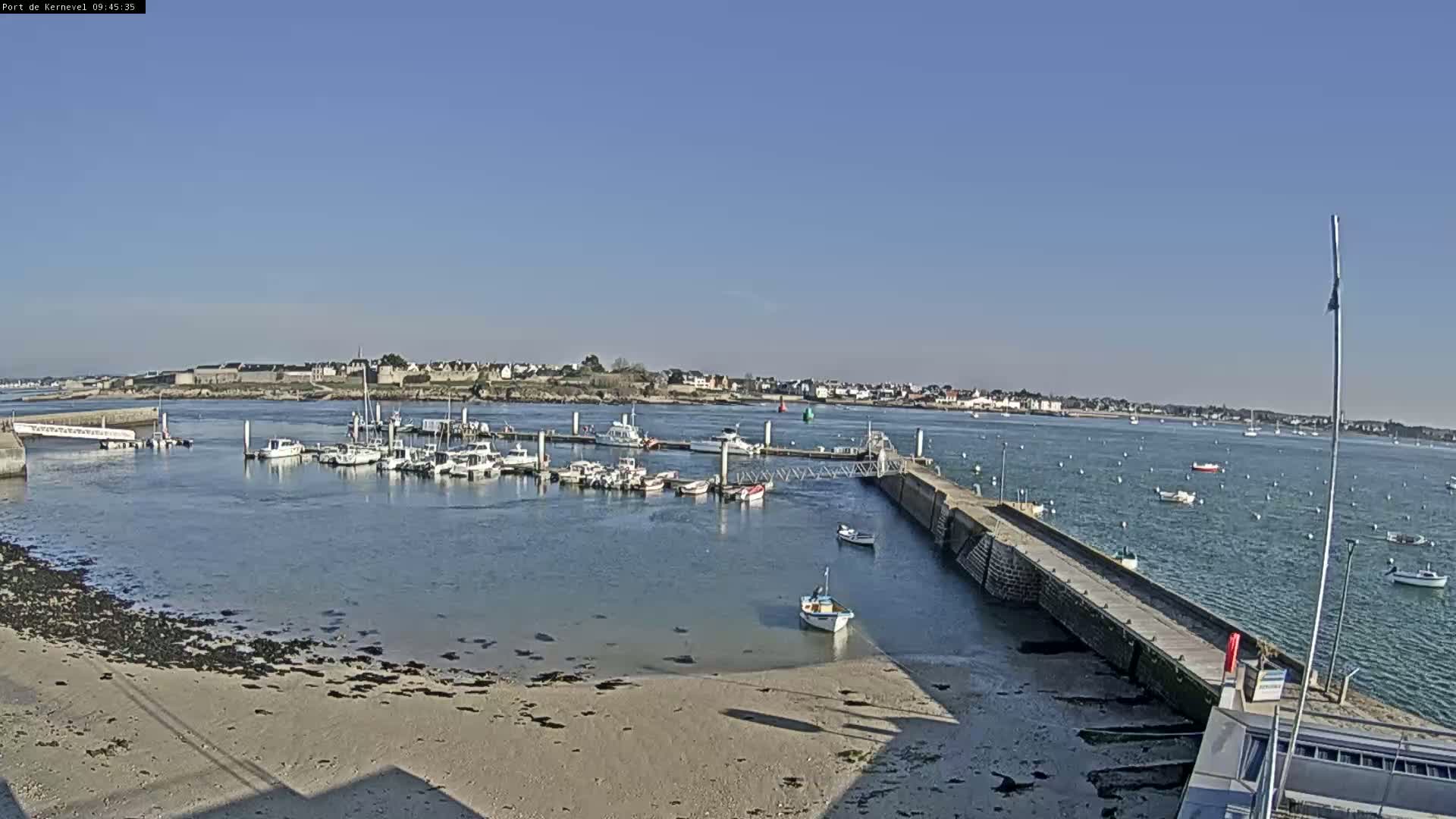 A marina filled with numerous boats is situated near a town on a sunny day, with calm water extending to a clear horizon.