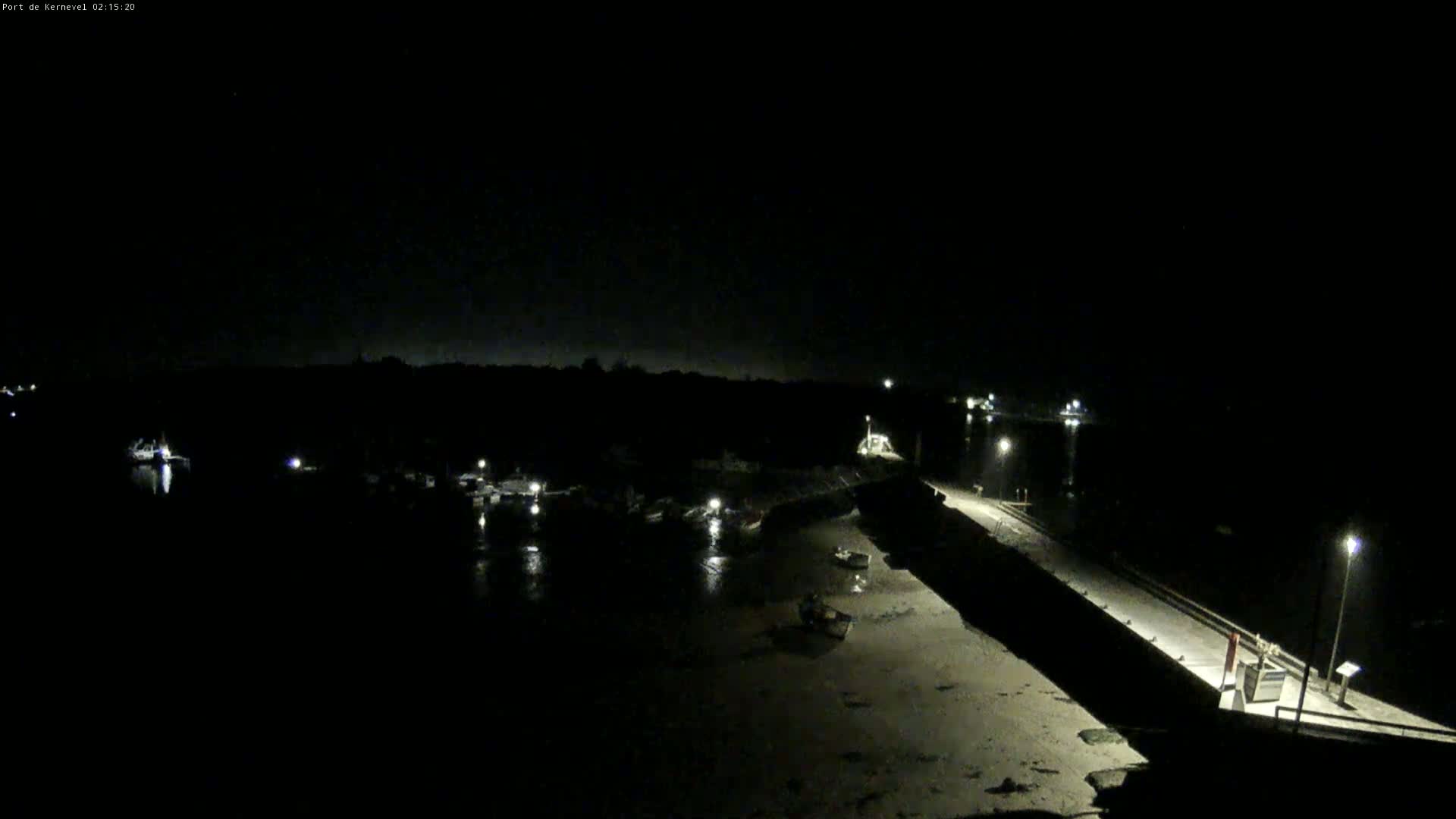 A dark, nighttime view of a harbor with several boats moored, illuminated by scattered lights along a long pier.