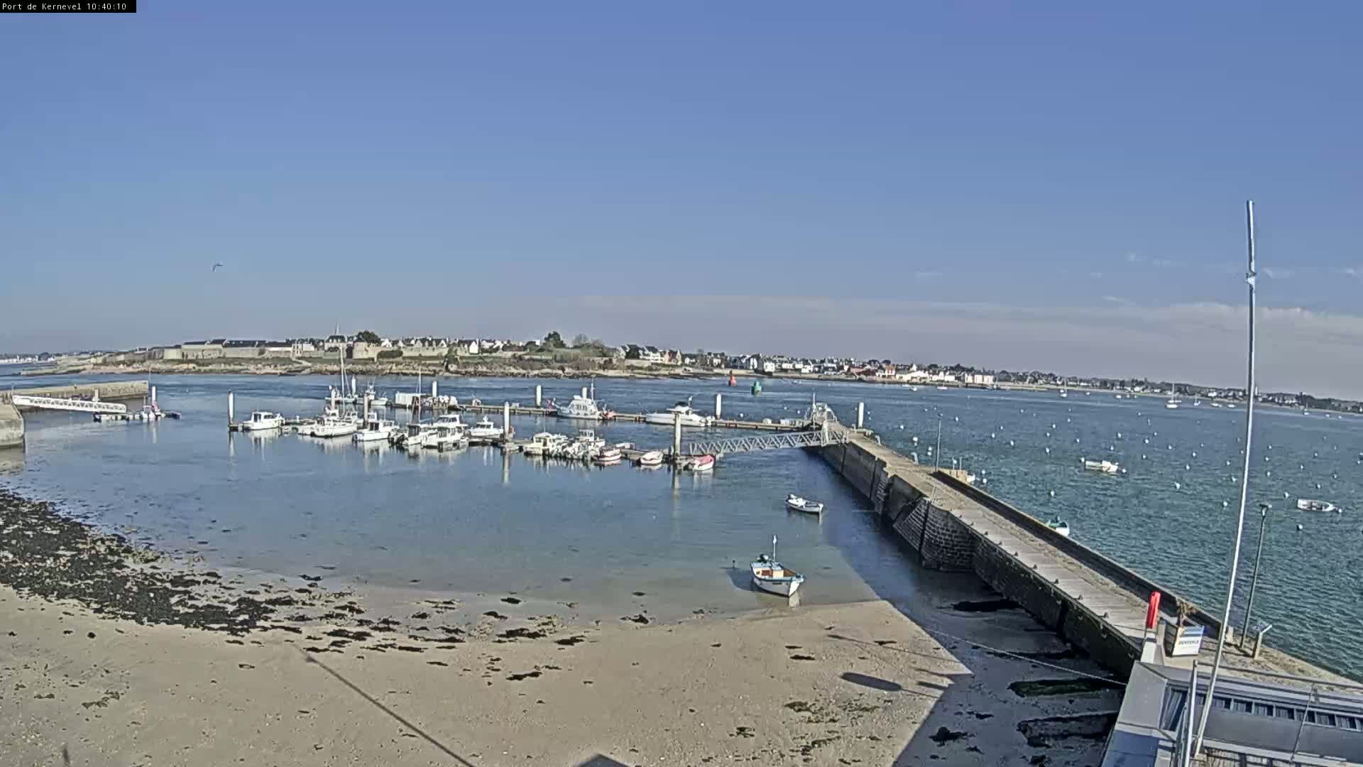 A marina filled with numerous boats is situated on a calm, sunny day next to a sandy shore and a small town in the distance.