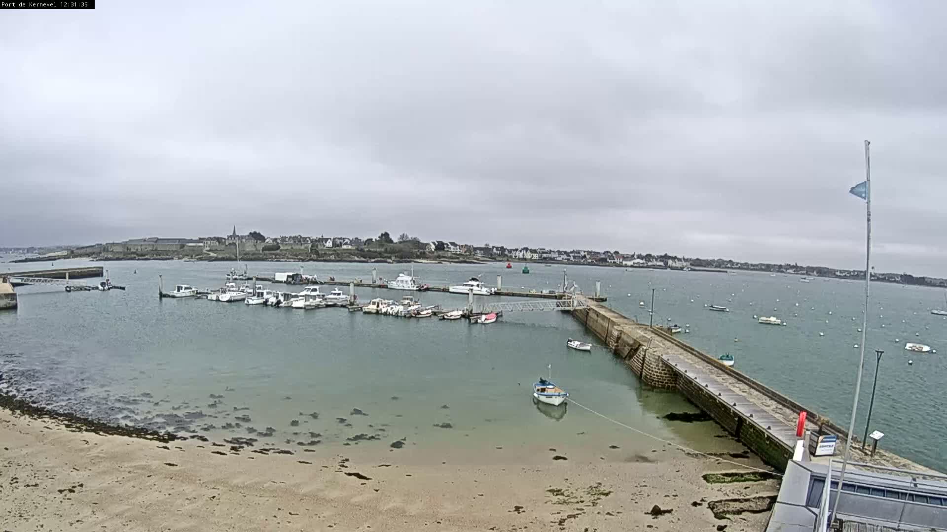 A small harbor filled with numerous boats is shown under an overcast sky, with a sandy beach and a town visible in the distance.
