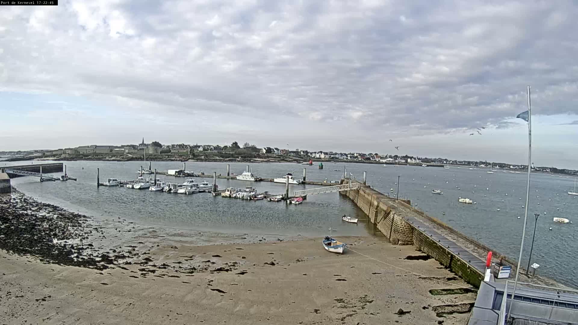 A marina filled with boats sits on a calm body of water under a cloudy sky, with a sandy shore and a small town visible in the distance.