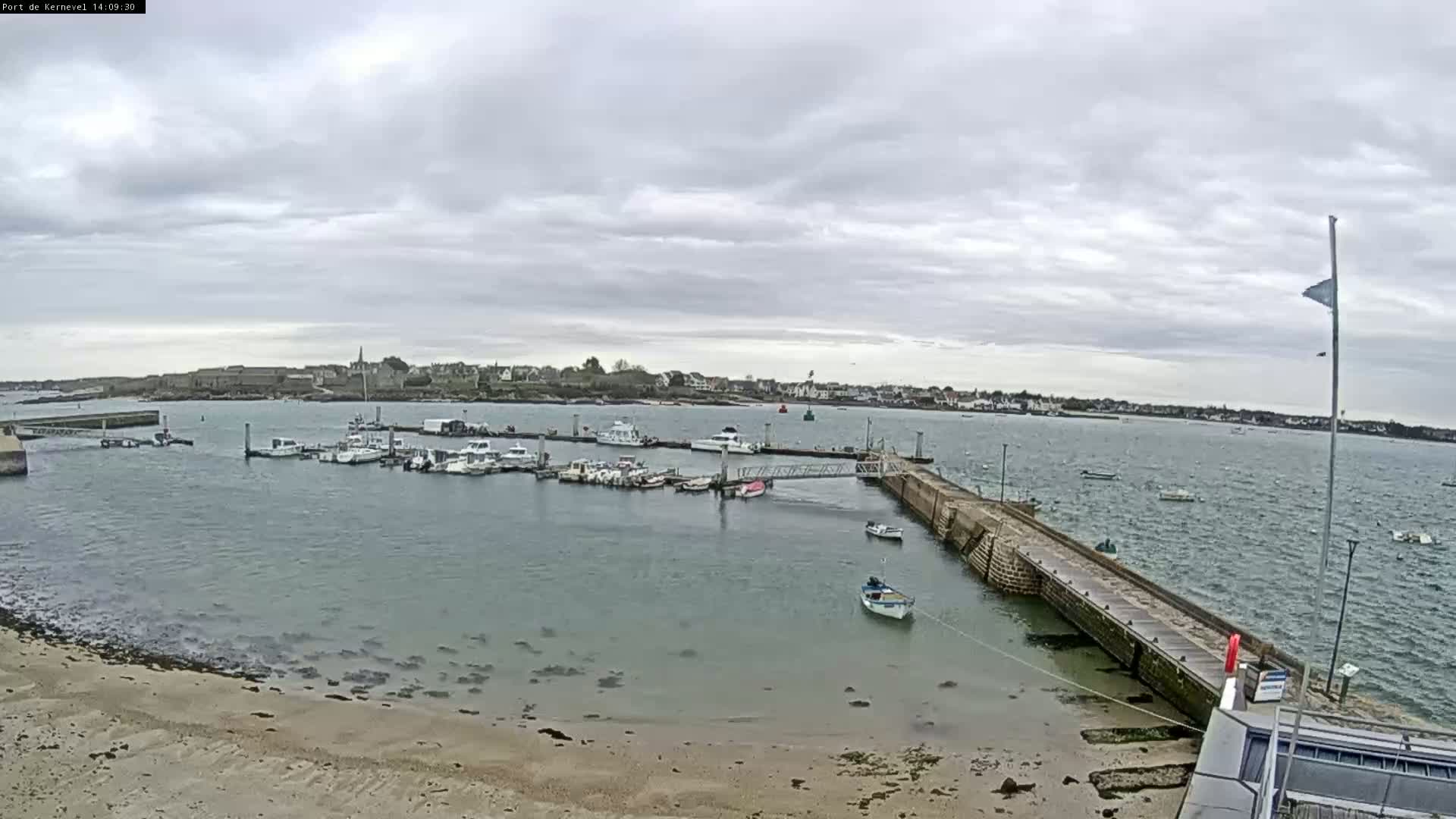 A harbor filled with docked boats is seen on an overcast day, with a small town visible in the background across the water.