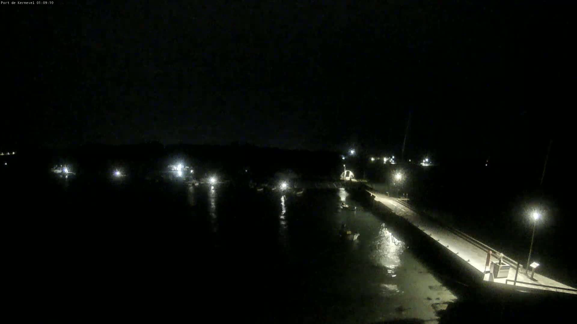 A nighttime view of a harbor with several boats moored along a pier, under a dark sky.