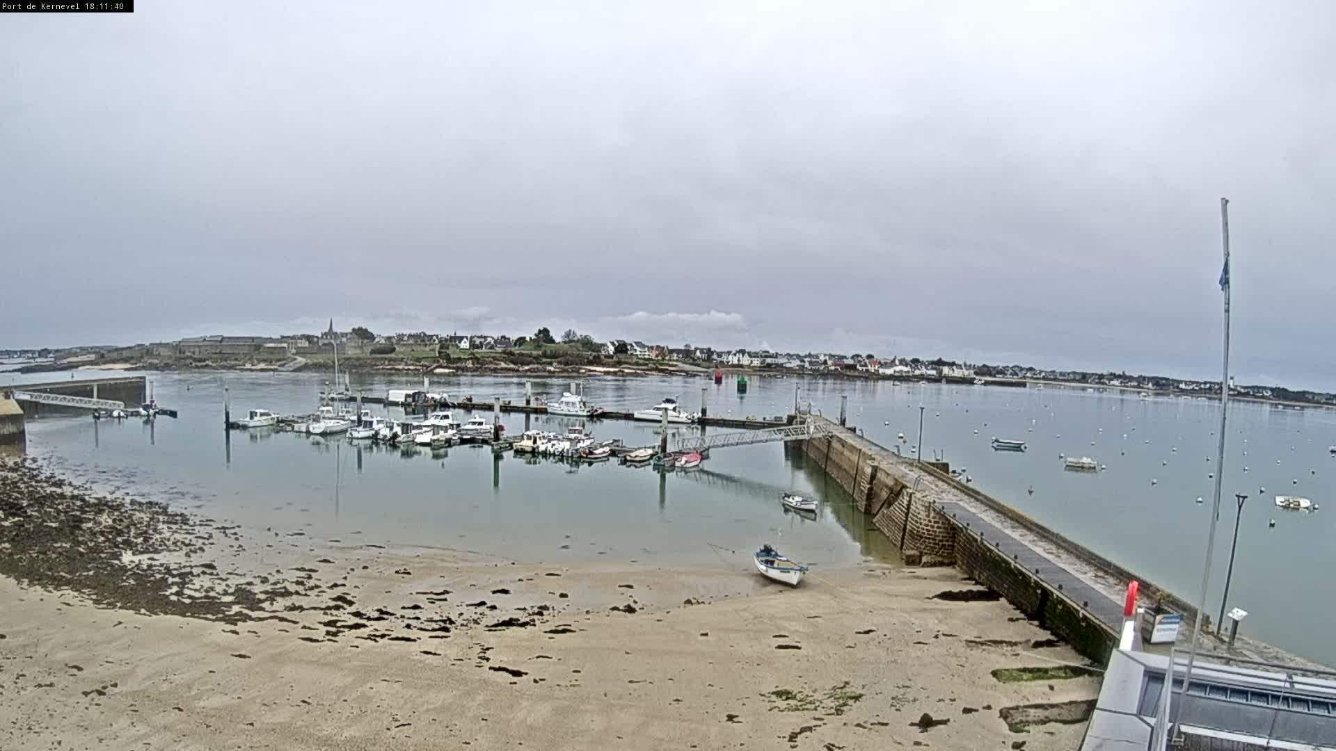 A small harbor with numerous boats docked, a sandy shore, and a town in the background under an overcast sky.