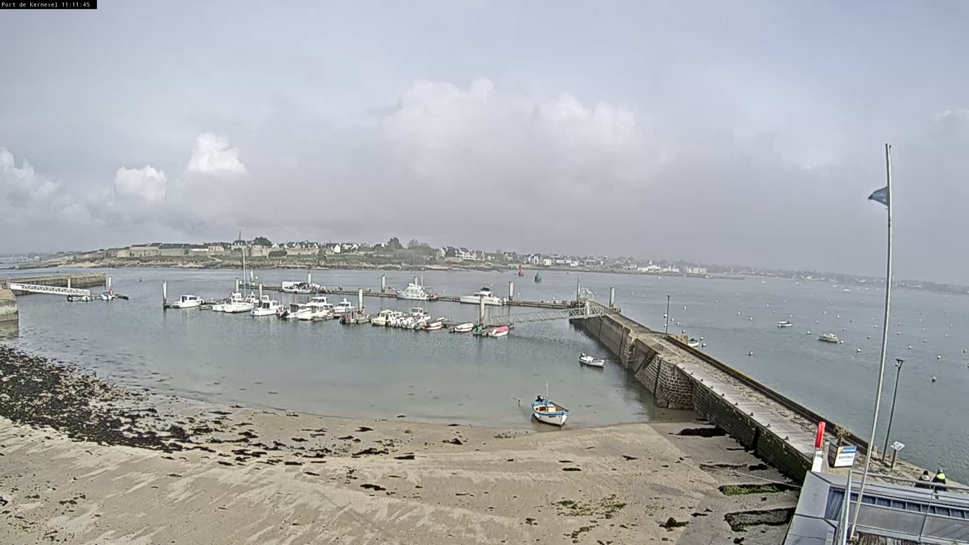 A harbor with numerous boats docked at a pier, a sandy shore, and a cloudy sky.