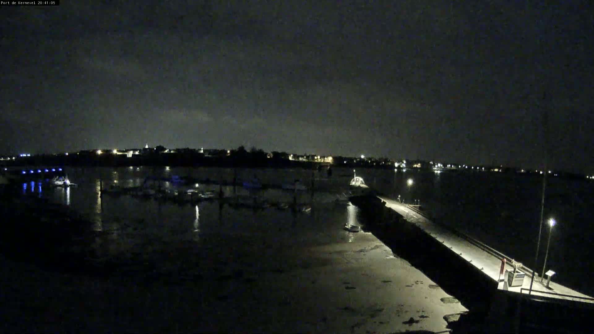 A nighttime view of a harbor with docked boats, a pier extending into the water, and a distant shoreline under a dark, cloudy sky.