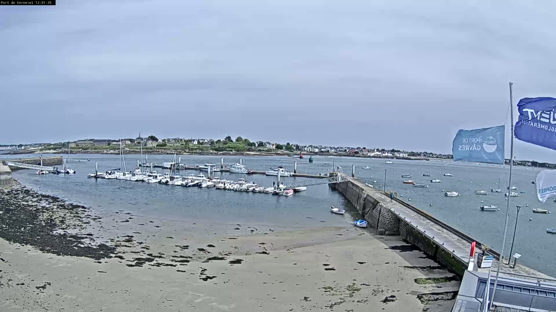 A harbor filled with numerous boats under a partly cloudy sky, with a sandy shore in the foreground and a small town visible in the distance.