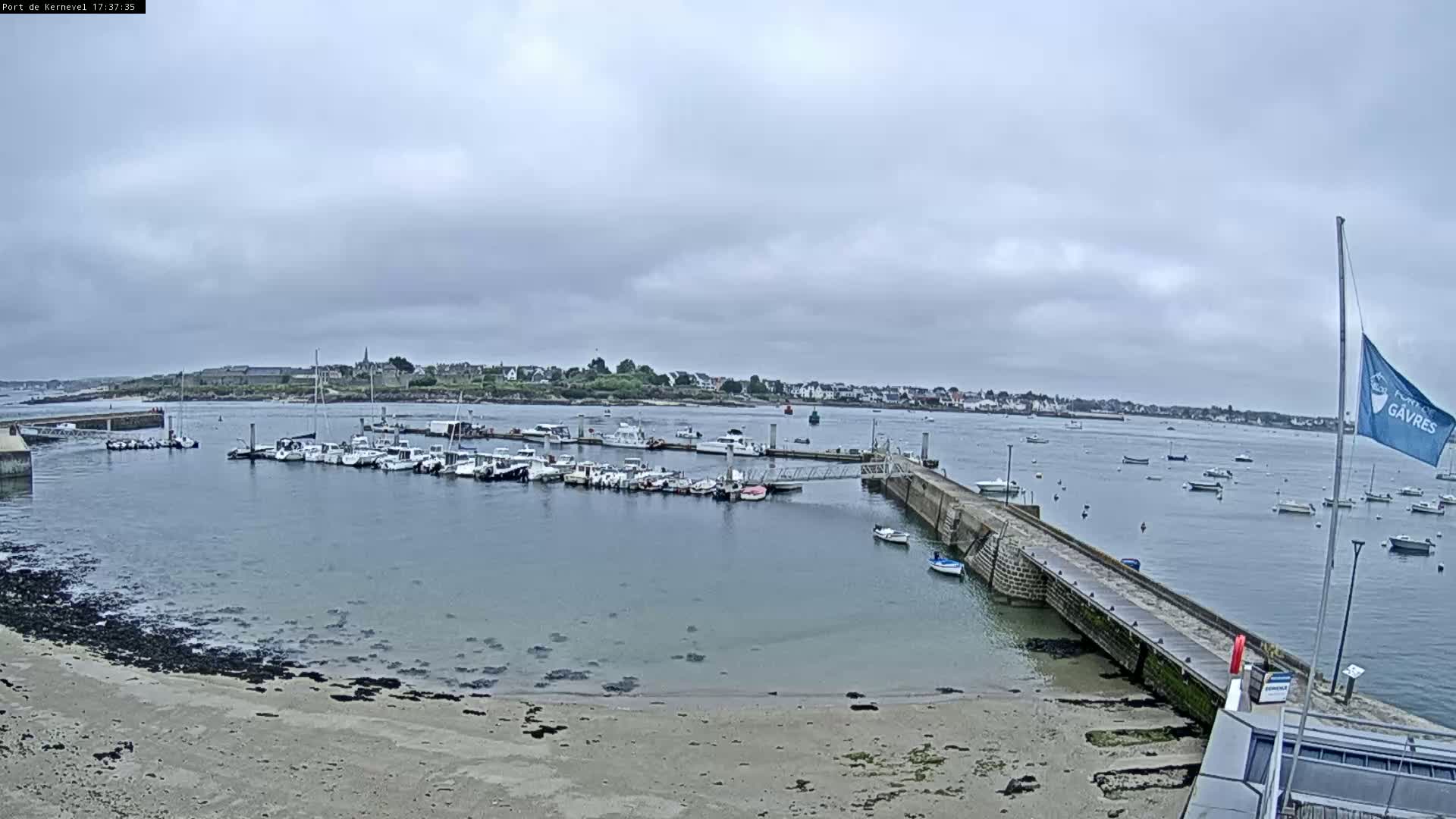 A harbor filled with numerous boats is seen under an overcast sky, with a small sandy beach and a town visible in the distance.