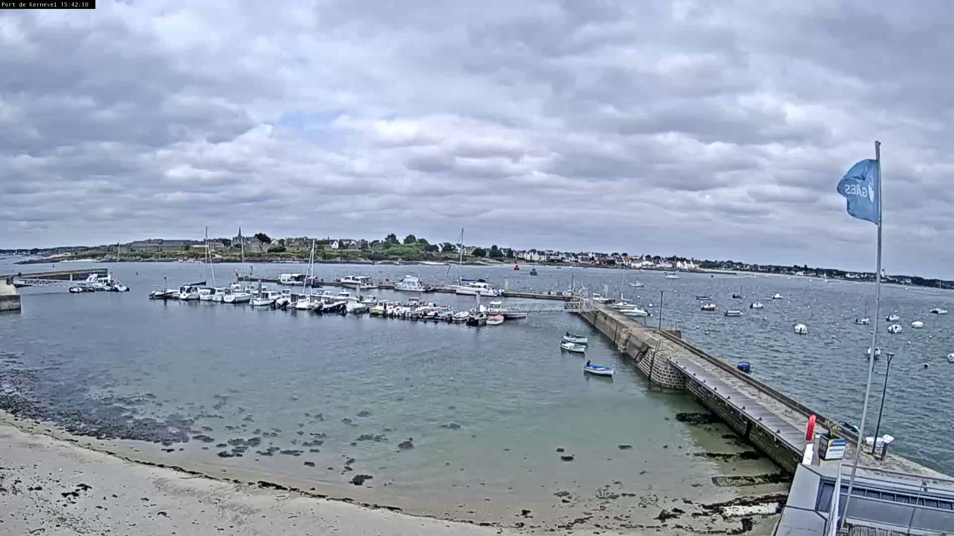 A marina filled with numerous boats is situated on a calm body of water under a cloudy sky, with a sandy shore and a small town visible in the distance.