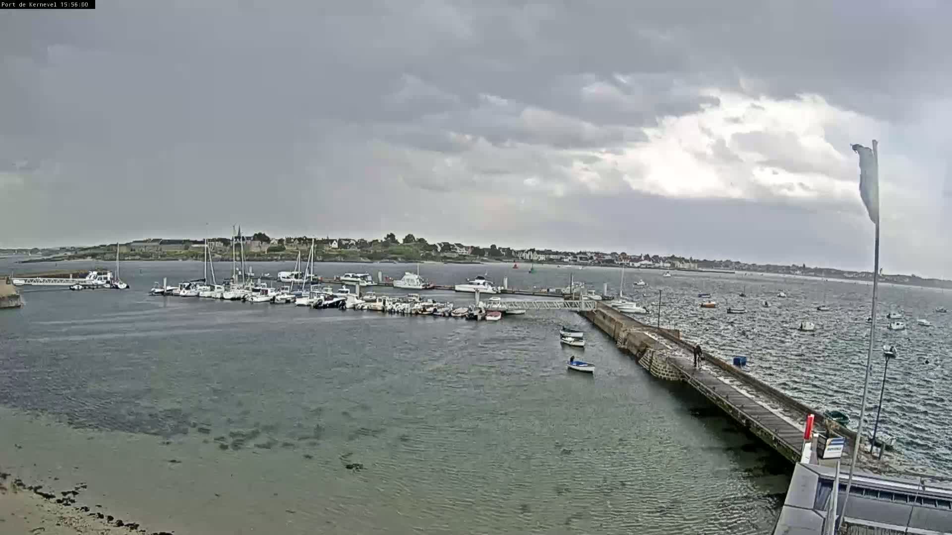 A harbor filled with numerous boats is seen under an overcast sky, with a person walking along a pier extending into the water.