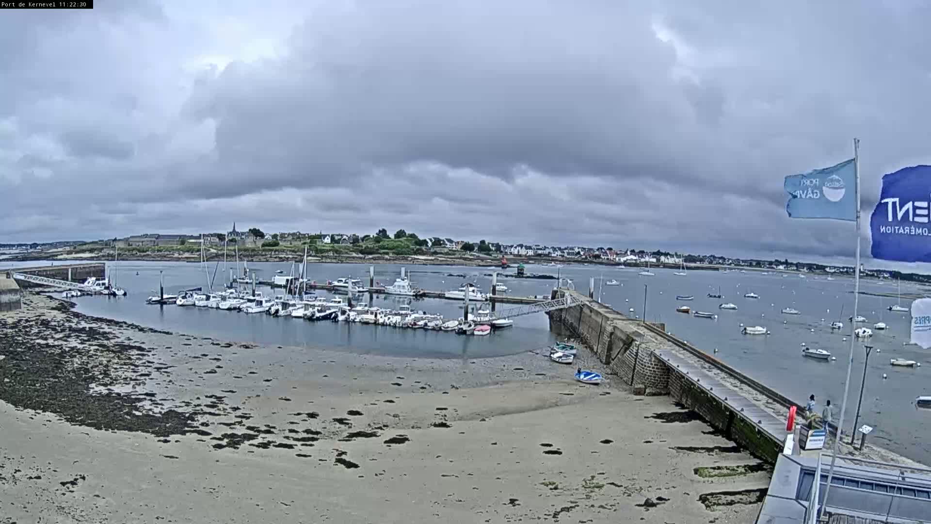 A harbor filled with numerous boats is shown under a cloudy sky, with a sandy shore in the foreground and a small town visible in the distance.