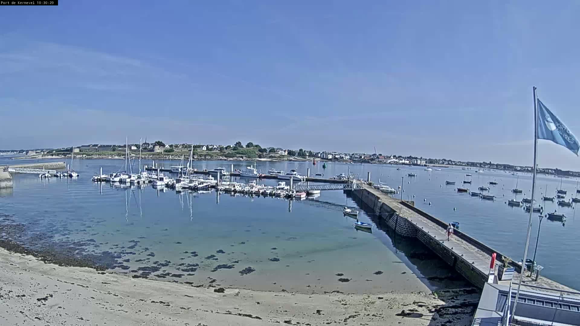 A sunny day shows a calm harbor filled with numerous boats docked near a sandy shore and a town in the distance.