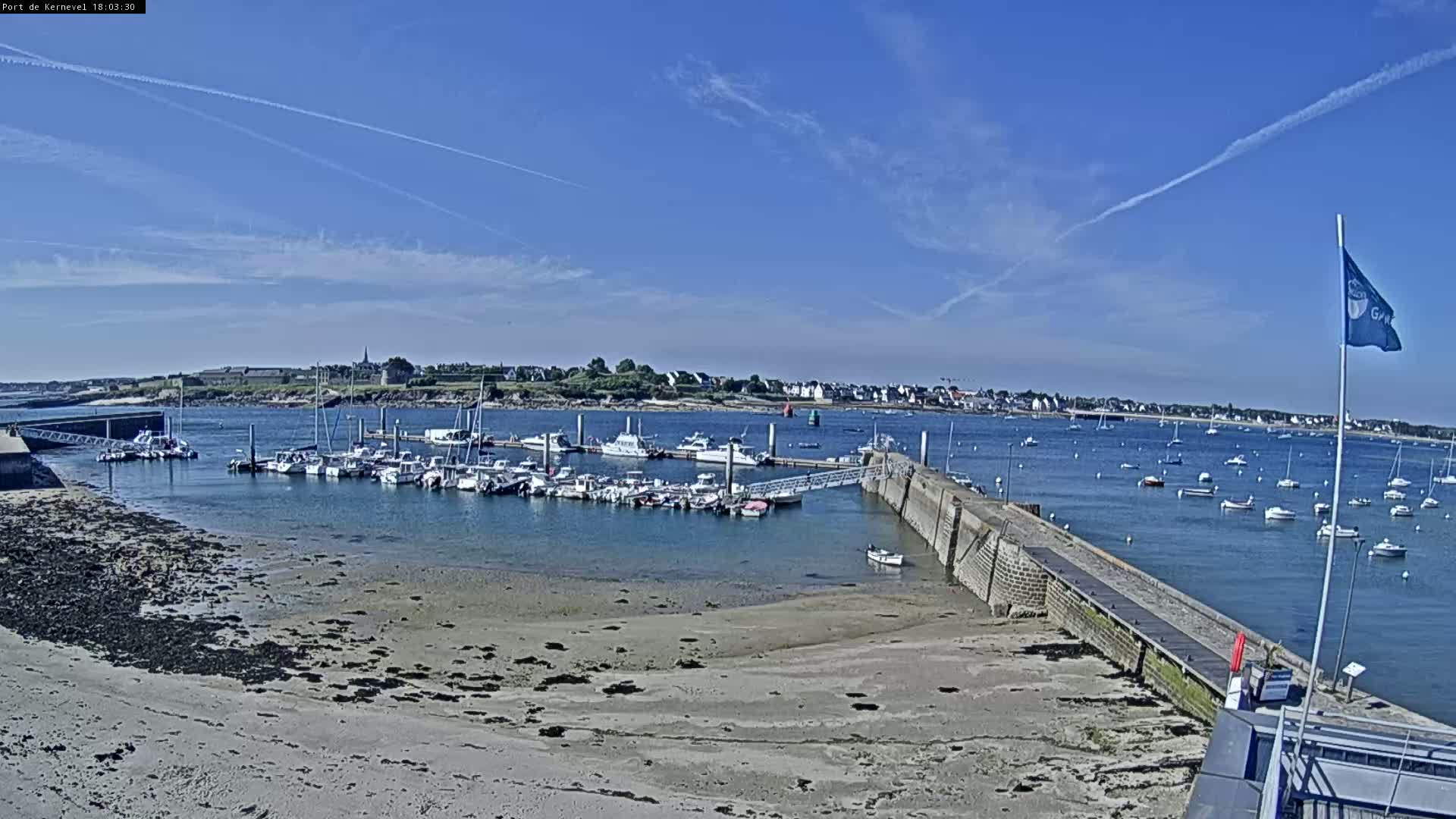 A marina filled with numerous boats is situated near a sandy shore under a clear blue sky.