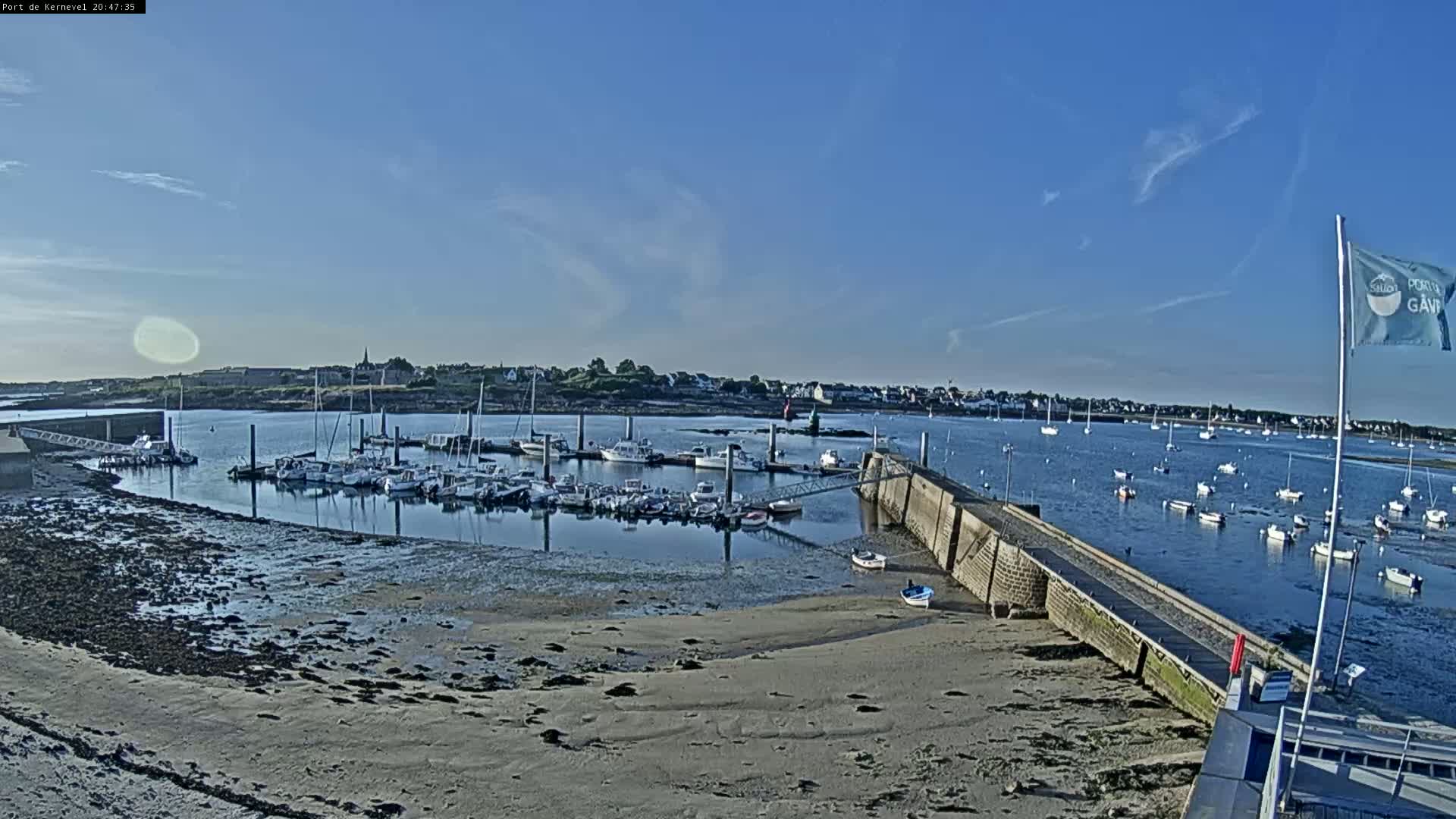 A marina filled with numerous boats is situated on a calm body of water under a clear blue sky, with a sandy shoreline in the foreground.