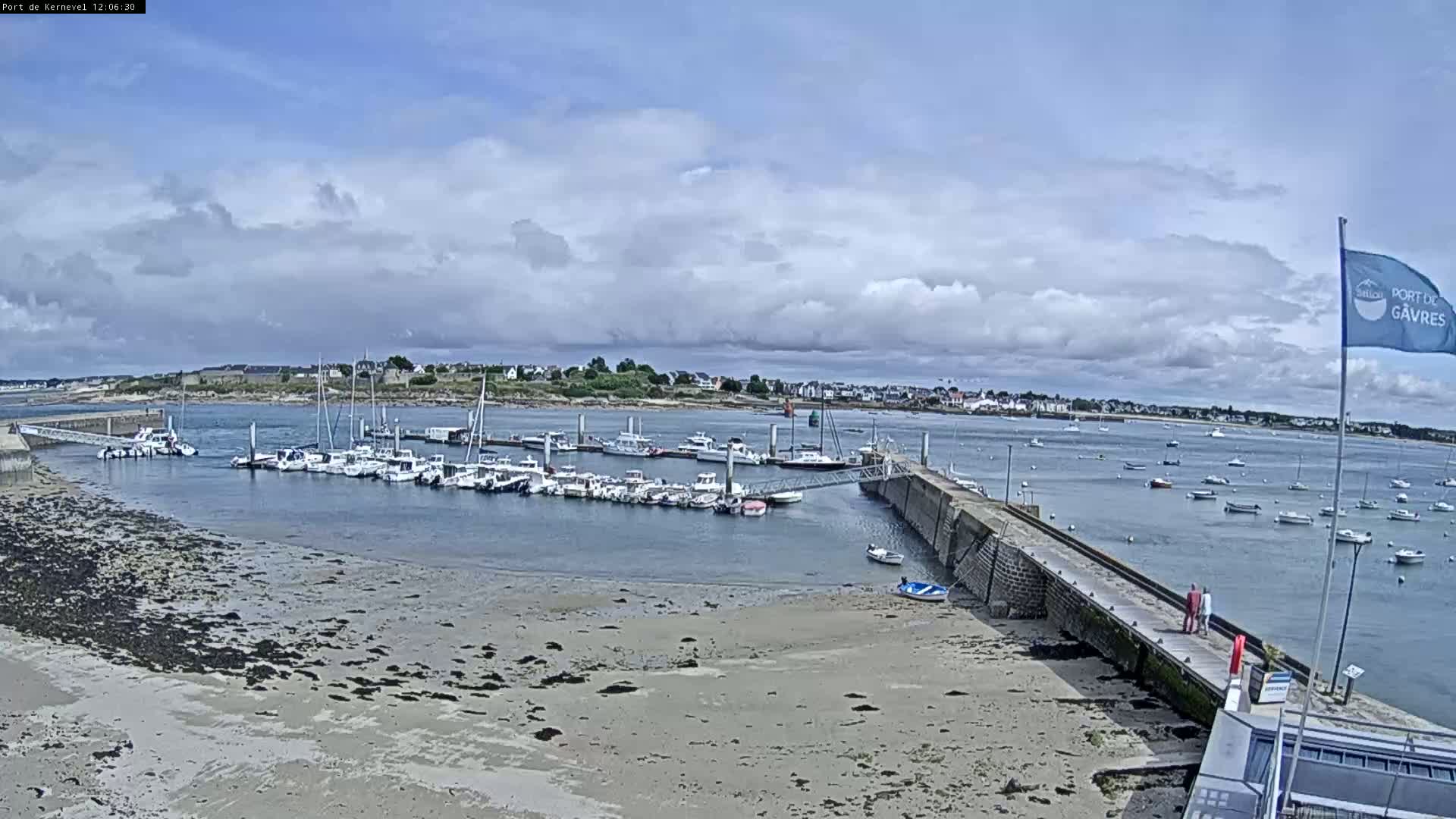A harbor filled with numerous boats is situated under a partly cloudy sky, with a sandy shoreline and a town visible in the distance.