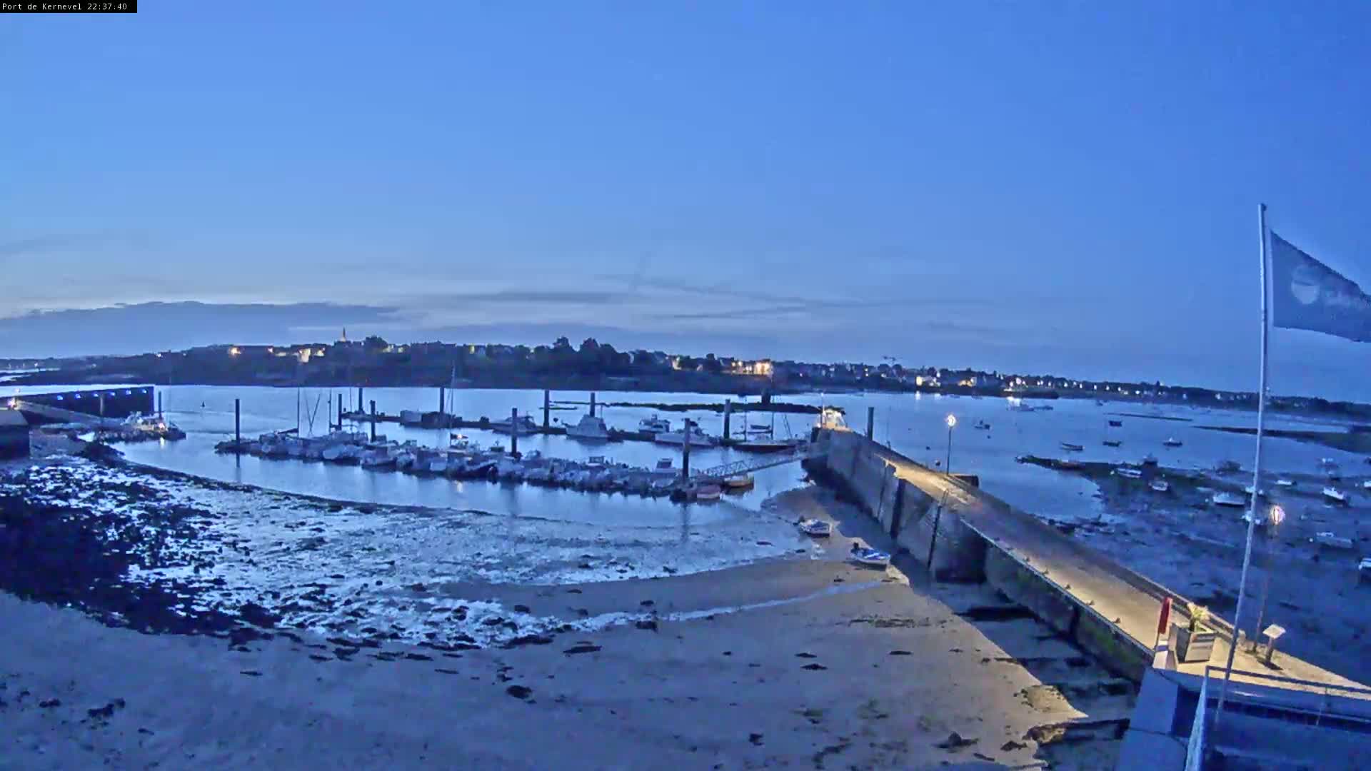 A harbor filled with numerous boats at dusk under a clear, twilight sky.