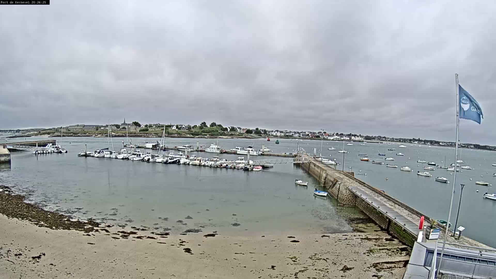 A harbor filled with numerous boats under a cloudy sky, with a sandy beach and a small town visible in the distance.